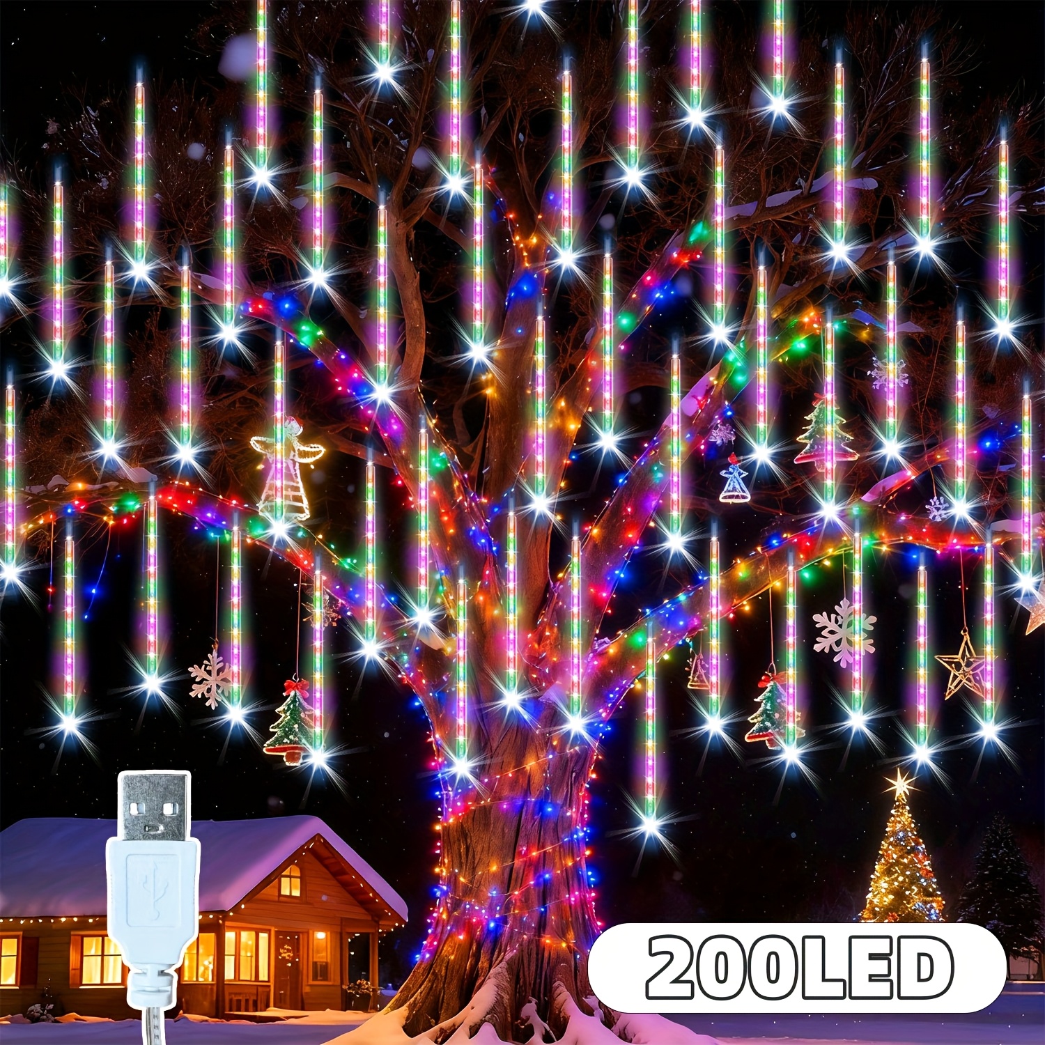 Christmas Meteor Shower String Lights, Usb-powered Christmas Icicle Lights, 8-tube 200 Led. Suitable For Weddings, , Christmas Trees, Halloween, Garden Decor, Holiday Decor & New Year Parties