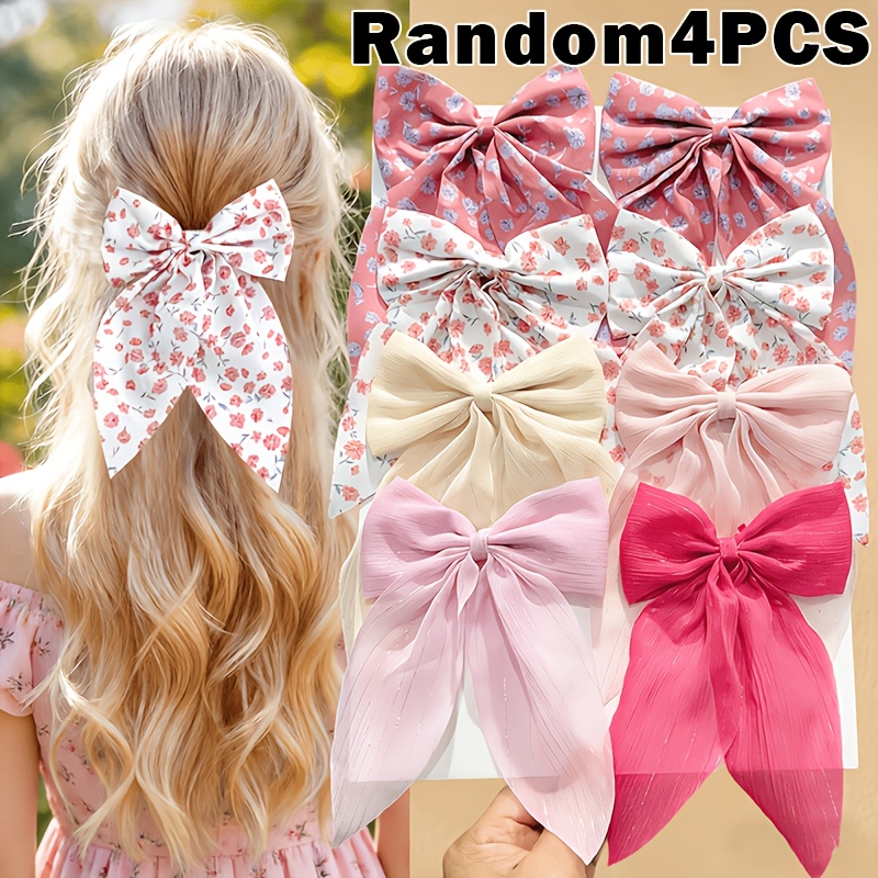 TEMU 4pcs Random Assortment Floral Ribbon Bow Hair Clips For Women - Large Fabric Hair Clips For The Back Of , Featuring A . Suitable For Half-up