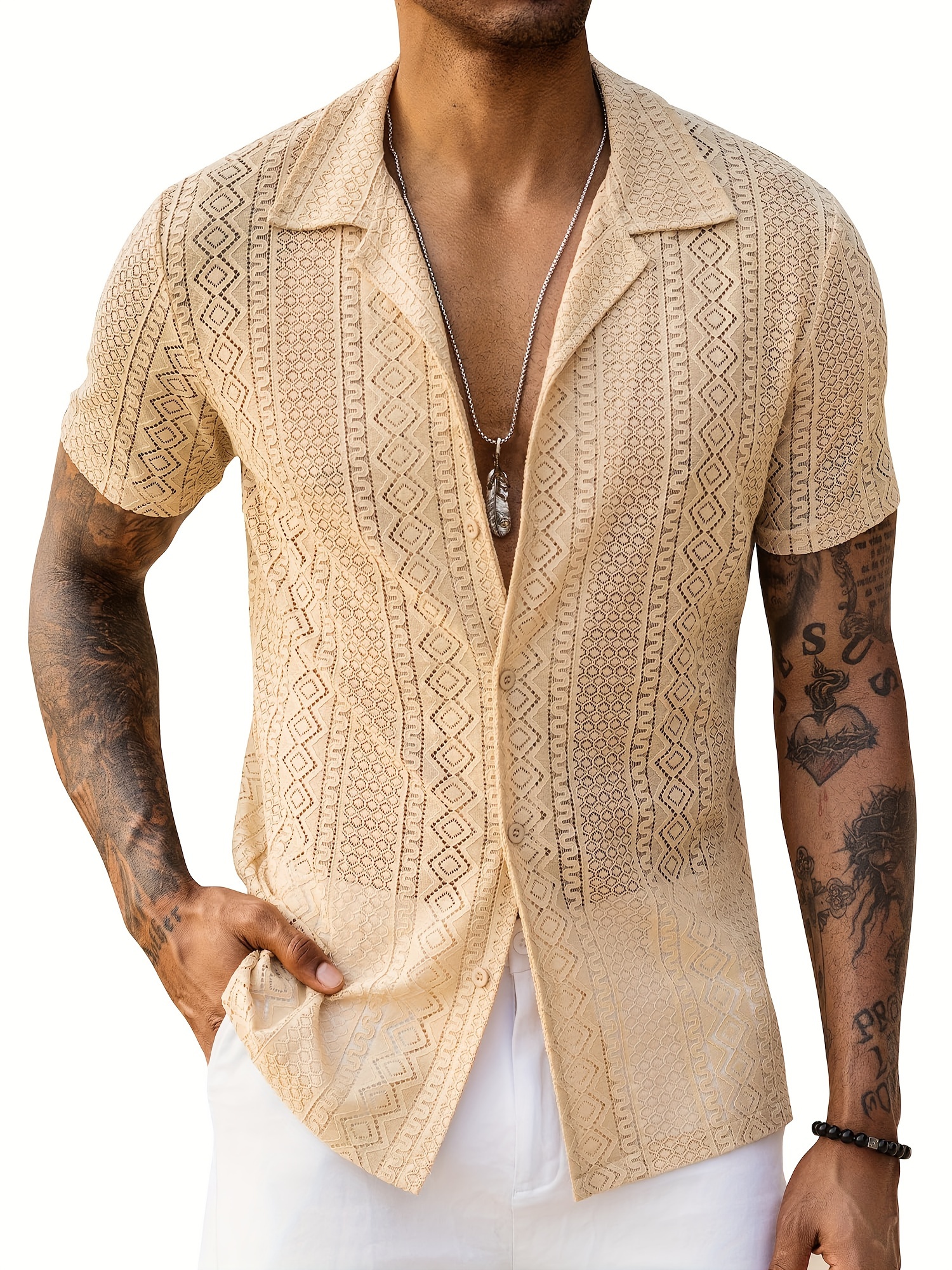 mens floral lace short sleeve hollow see casual button - Temu