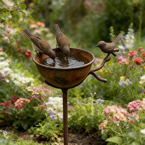 item picture 1pc vintage distressed rust water feeder garden decor plug in ornament yard gardening metal bird bath