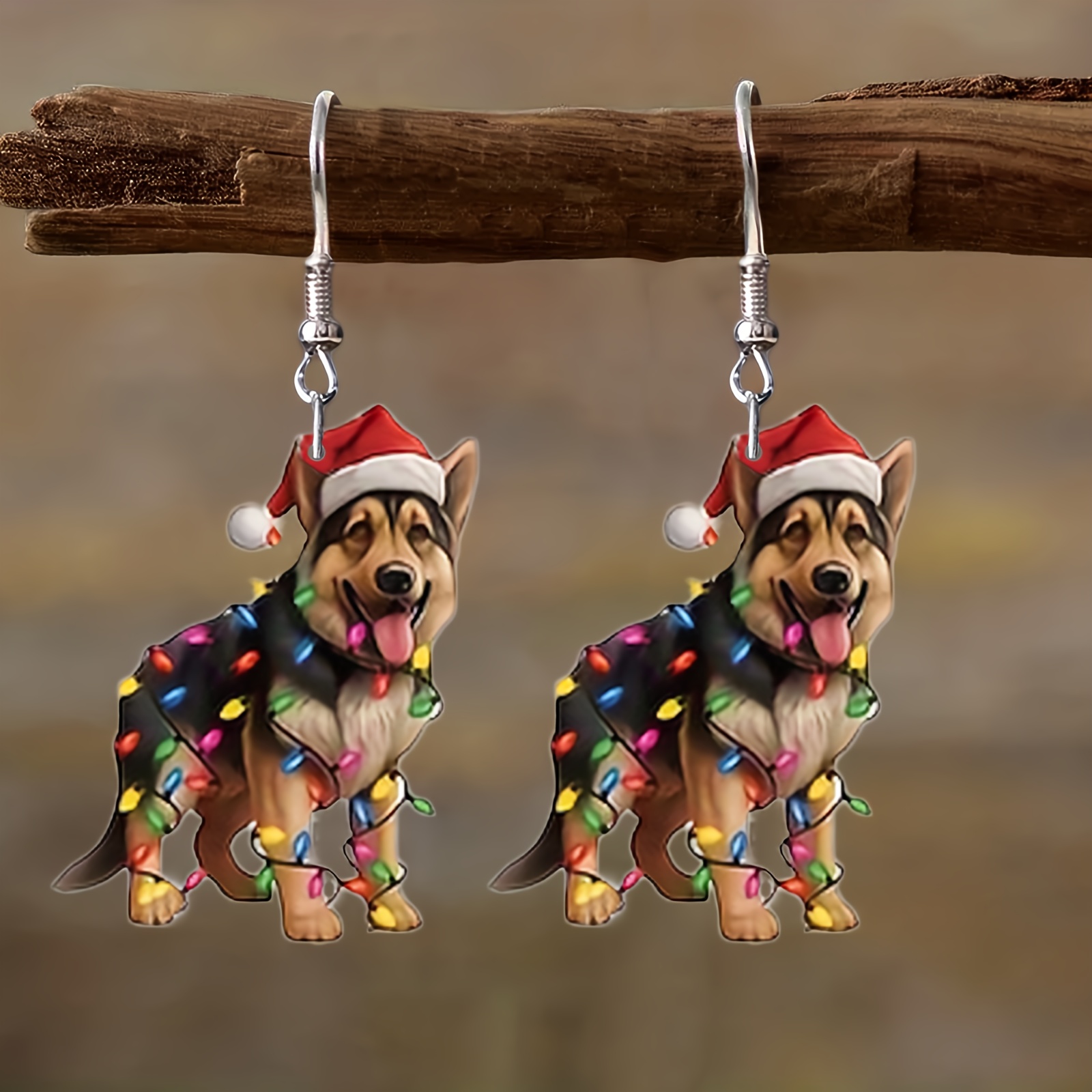 

Christmas Themed German Shepherd Dog Earrings - Festive Holiday 2d Wood Crafted Animal Jewelry, Santa Hat And Light Strand Design, Elegant Party Accessory, Ideal Gift For Dog Lovers, Pair