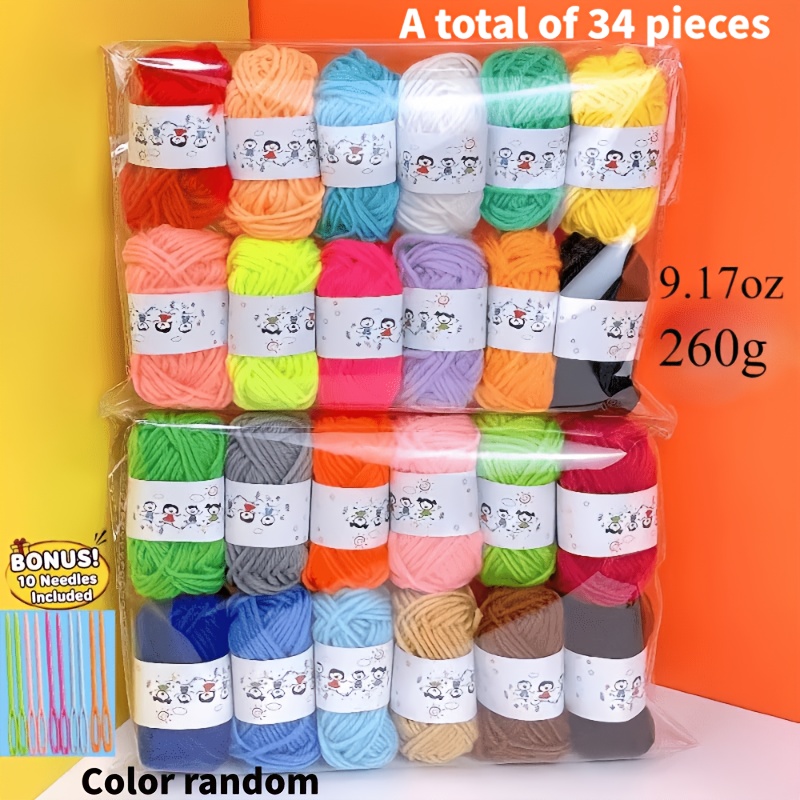 TEMU 34pcs Colorful Milk Yarn Set, Soft Mixed Colors 24 Colors And 10pcs Needles Handmade Doll Yarn Balls 260g/9.17oz With 10pcs Yarn Needles, Yarn