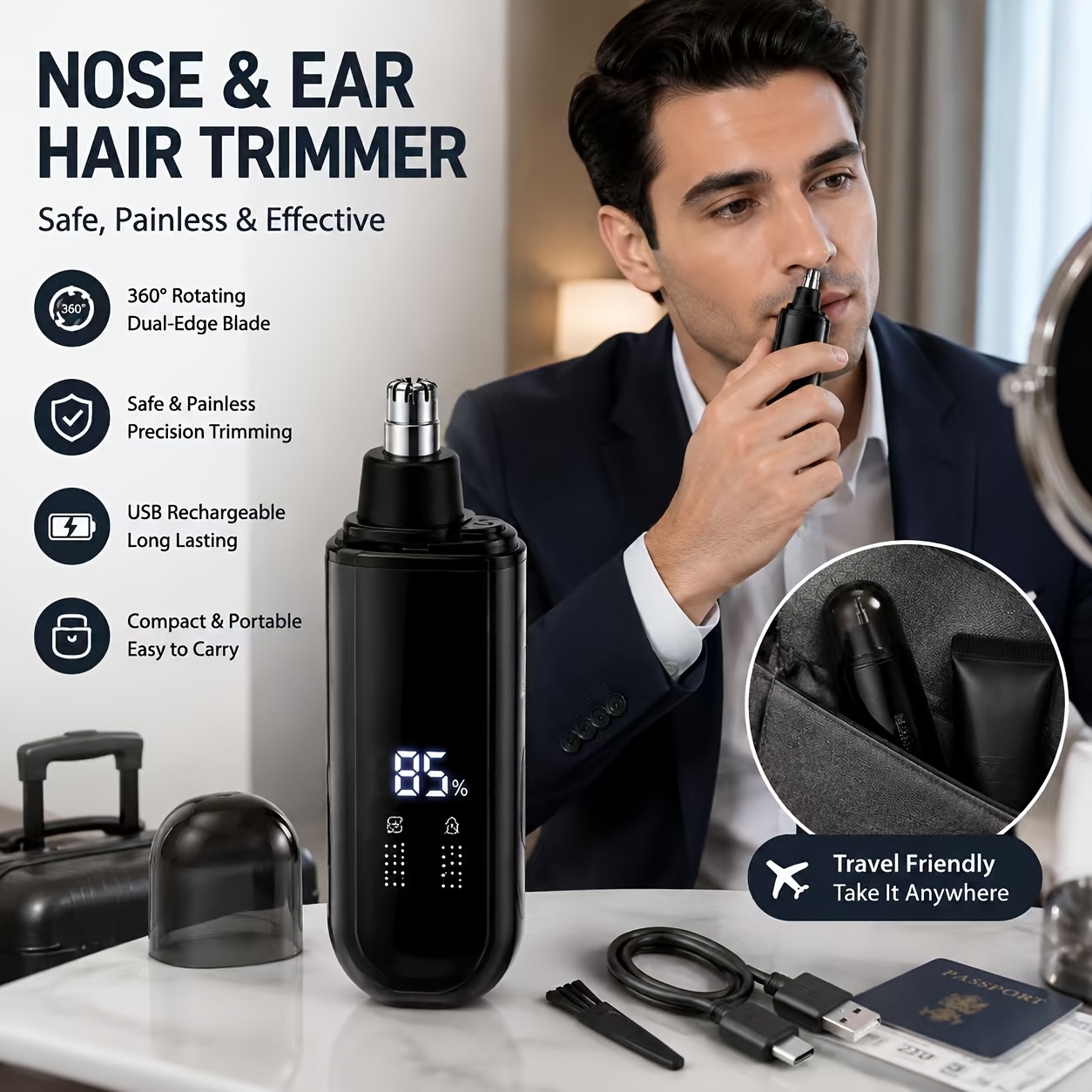 Rechargeable Multifunctional Unisex Nose Hair Cleaner Nose Hair Tool Nose Hair Knife with Battery Level Display