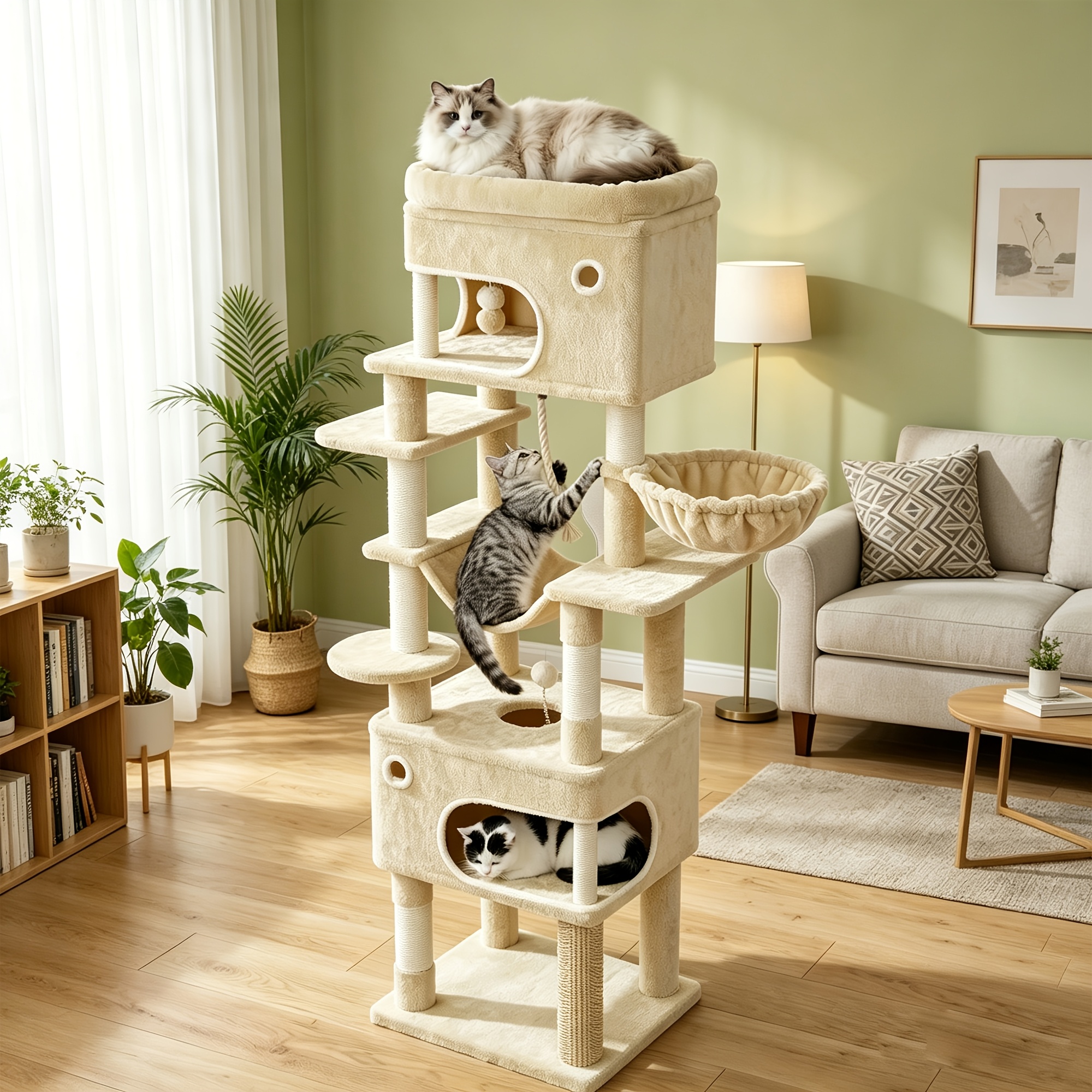 180cm Cozy Cat Nest, Extra-large Viewing Platform, 2 Private Caves, 7 Cat Scratching Posts, A Universal And Happy Little Cat Breeds, Cat Tree