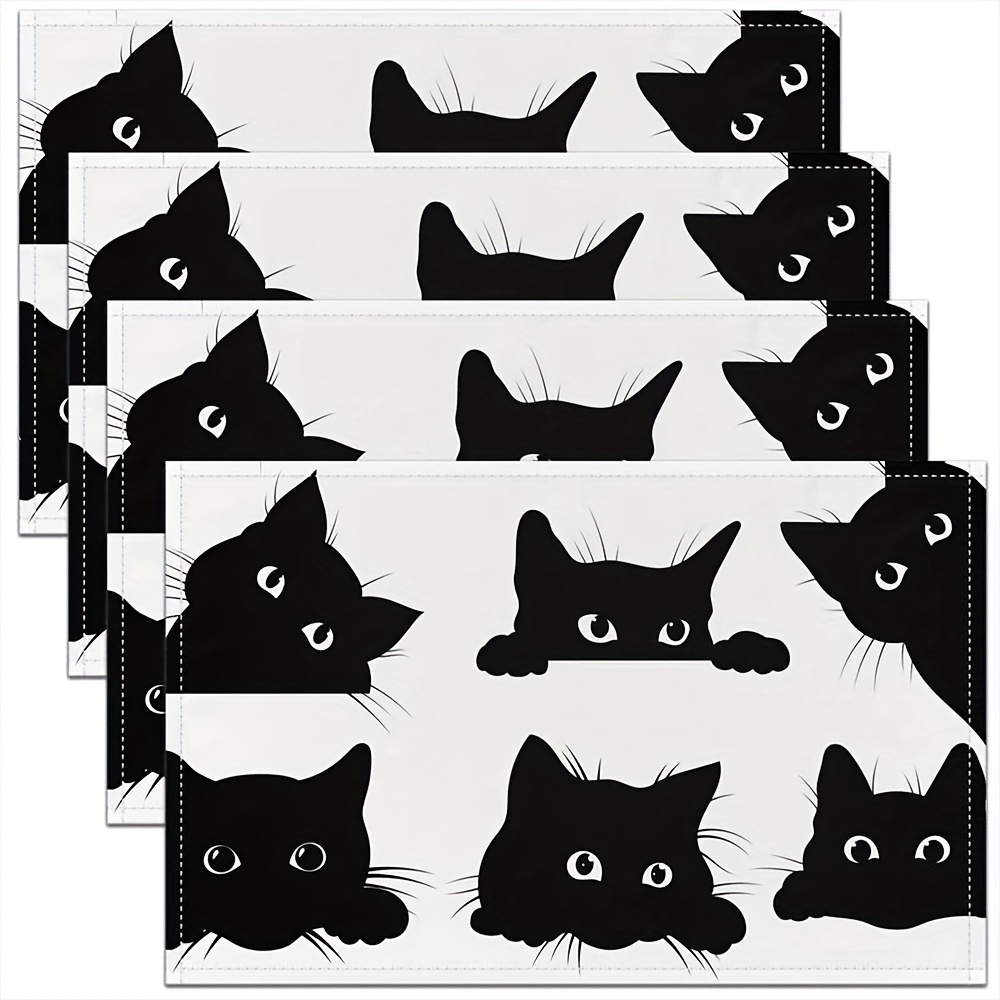 

4pcs, Black Cat Placemat, Cats Print Placemats For Dining Table, Cute Kitten Animal Washable Fabric Decoration, Heat Resistant Stain Resistant Foldable Placemat