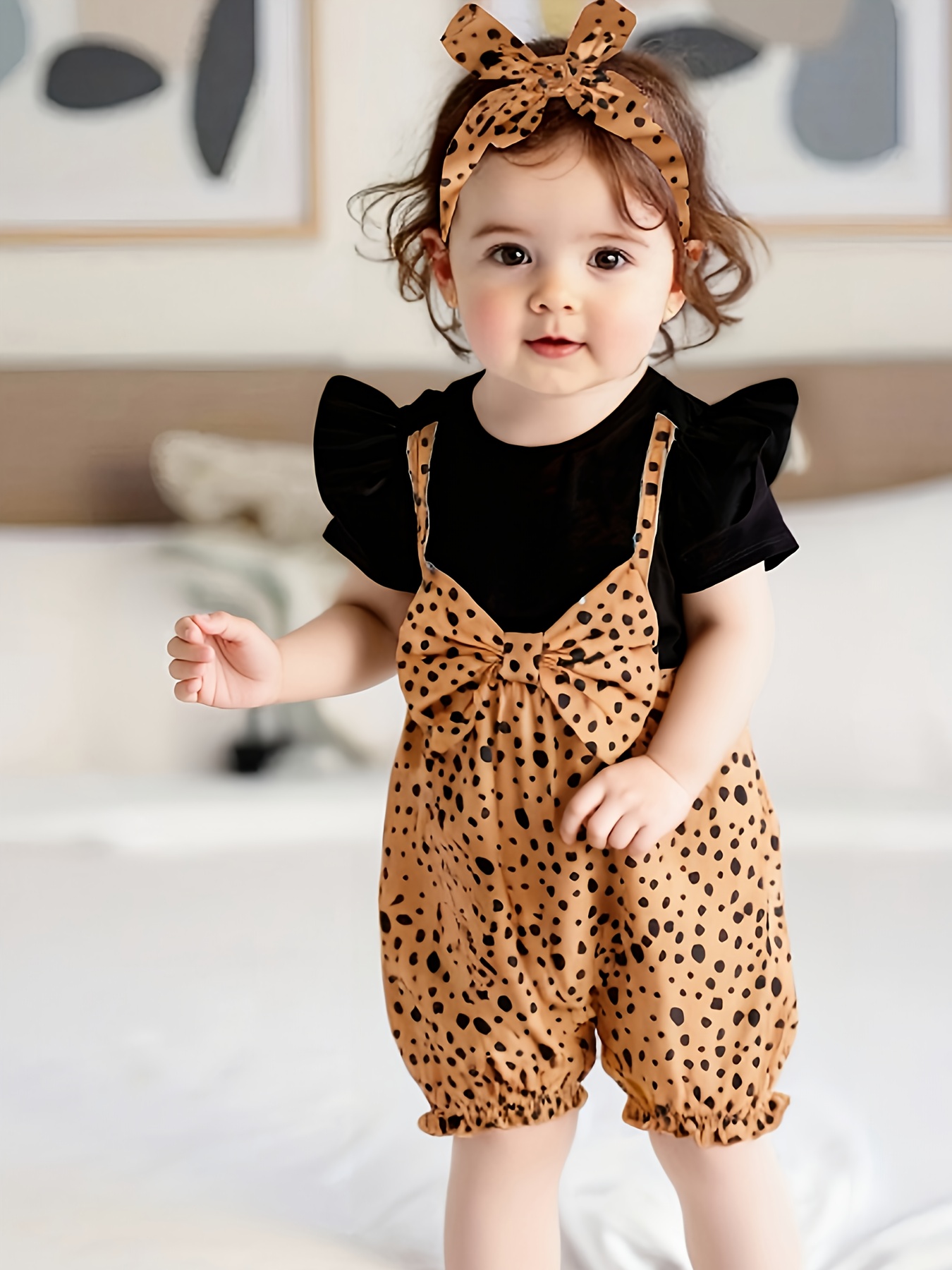 's Leopard Print Short Sleeve Romper Jumpsuit Cute Animal with Collar  Bow Tie, Lightweight Summer Outfit Hand Wash Playwear (Brown/Black) 