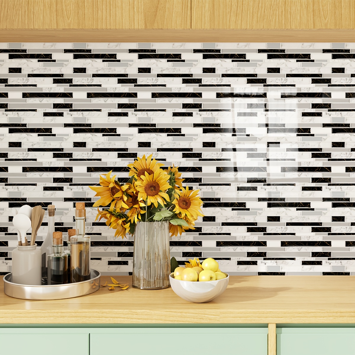 TEMU 12pcs Black And Beige Marble Look Staggered Linear Mosaic Peel And Stick Backsplash Tile Stickers, Self-adhesive, Removable, Pvc Decorative Wall