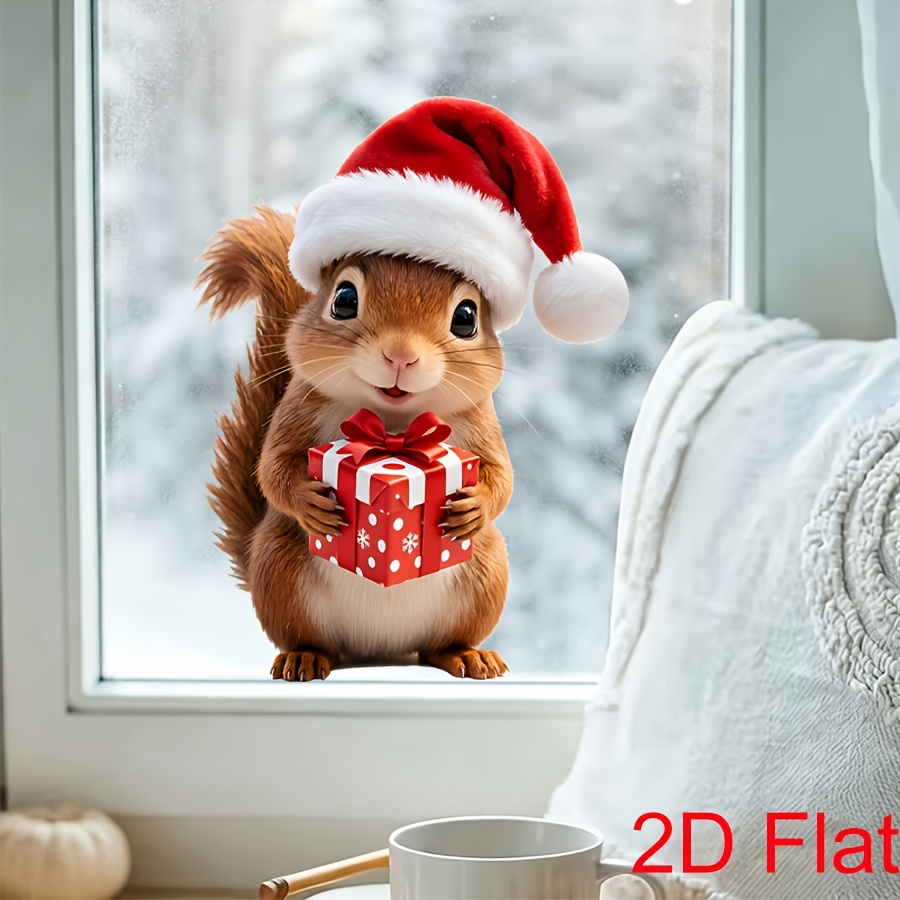 TEMU Christmas Squirrel With Gift Box Static Clings Window Sticker, Double-sided Santa Hat Animal Decal, No Glue No Residue Holiday Bedroom Living