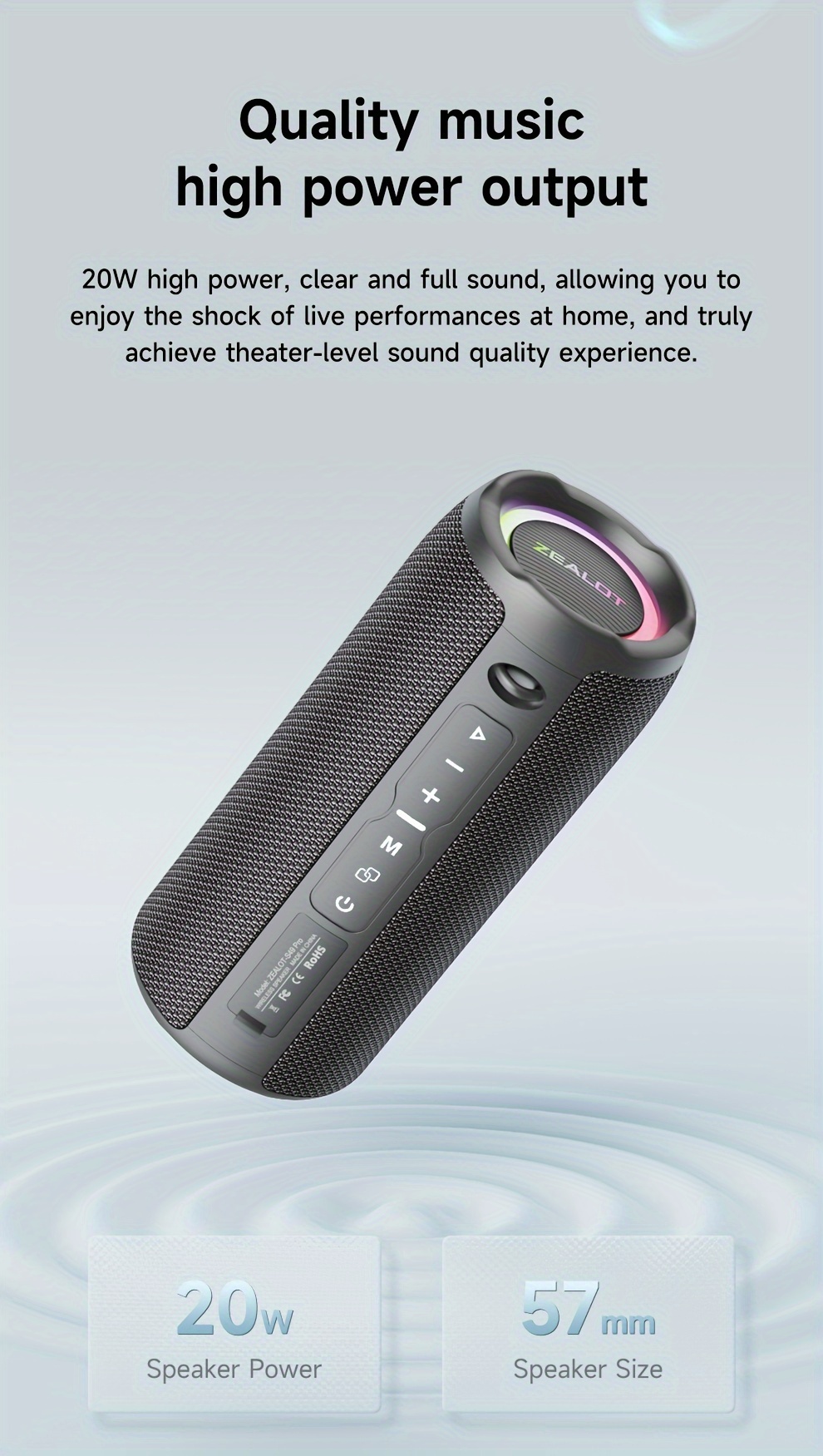 ZEALOT S49PRO 20W Haut-parleur sans fil portable, double haut-parleur Boost de basses Audio haute résolution, 3000mAh Longue durée de la batterie, lumières RGB, 5 niveaux d'étanchéité, 8 heures de lecture, son stéréo pour smartphones/tablettes/TVs, chargement USB-C, IPX5, sans adaptateurs de charge, prend en charge la carte SD/USB/AUX, pour l'intérieur/fête/plage/scène de musique