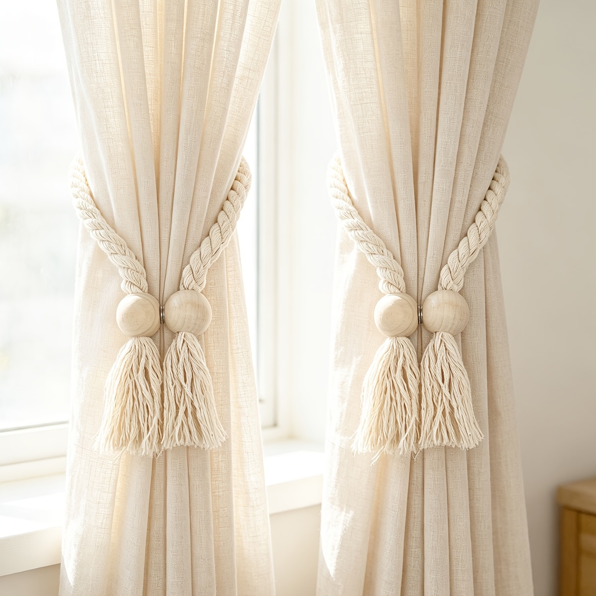 TEMU Lot de 2 cordons magnétiques pour rideaux avec attaches tissées torsadées épaisses et pompons à perles en bois de style bohème - Sangles de