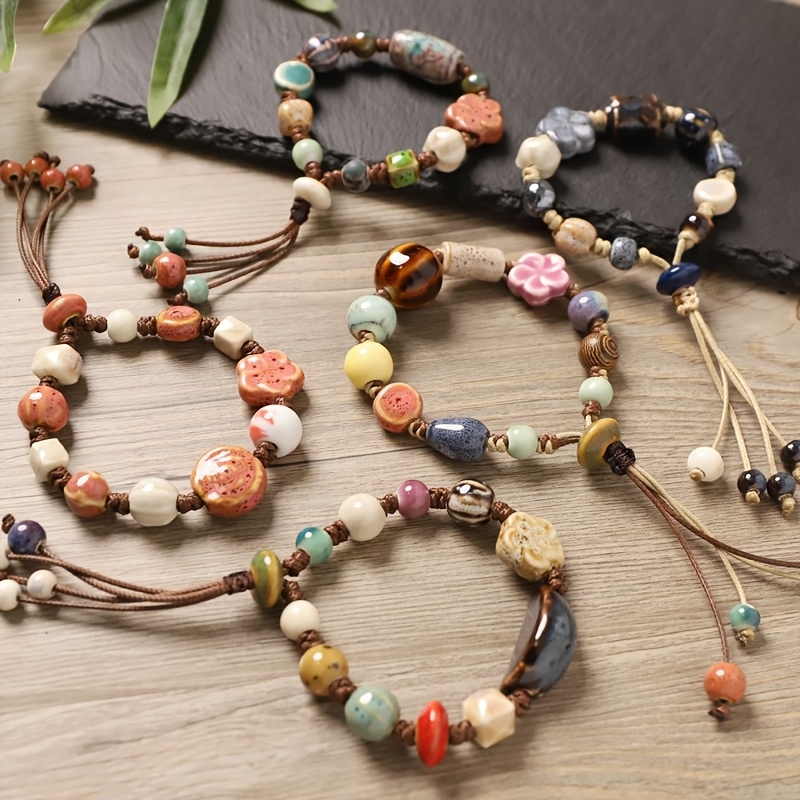 Handwoven Bohemian Ceramic Bead Bracelet for Women, Adjustable