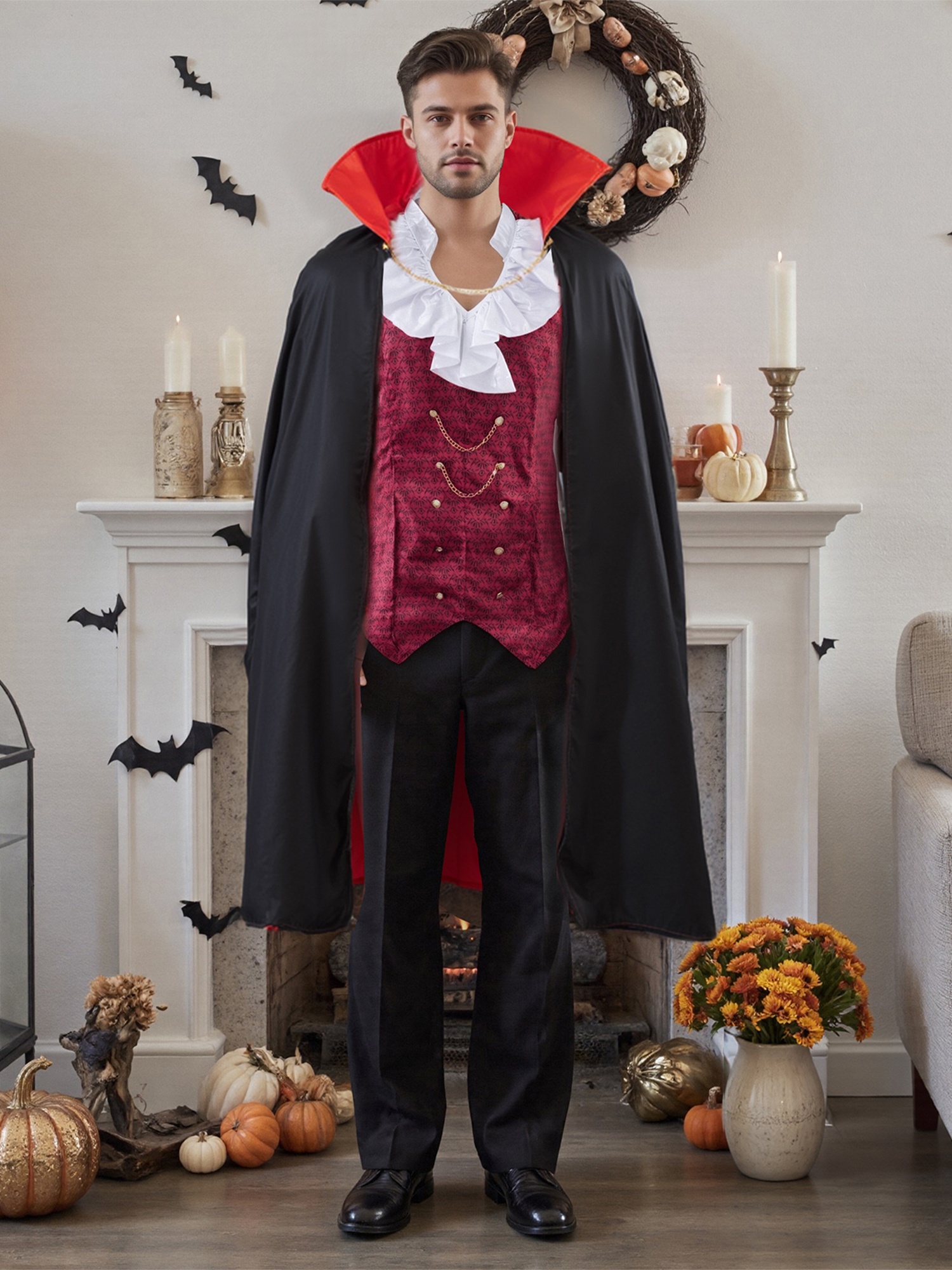 *'s Complete Vampire Costume Set with Attached Vest Cloak Long Sleeve  Gothic Party Outfit with Collar, Red cape Black Jacket Elegant