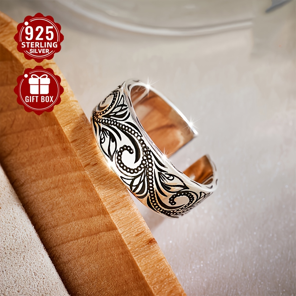 

Bague ajustable ouverte de style bohémien avec feuille et fleur sculptées en argent pur S925, poids 5.5g, 1 pièce, choix en voyage, peut également offerte en cadeau aux hommes