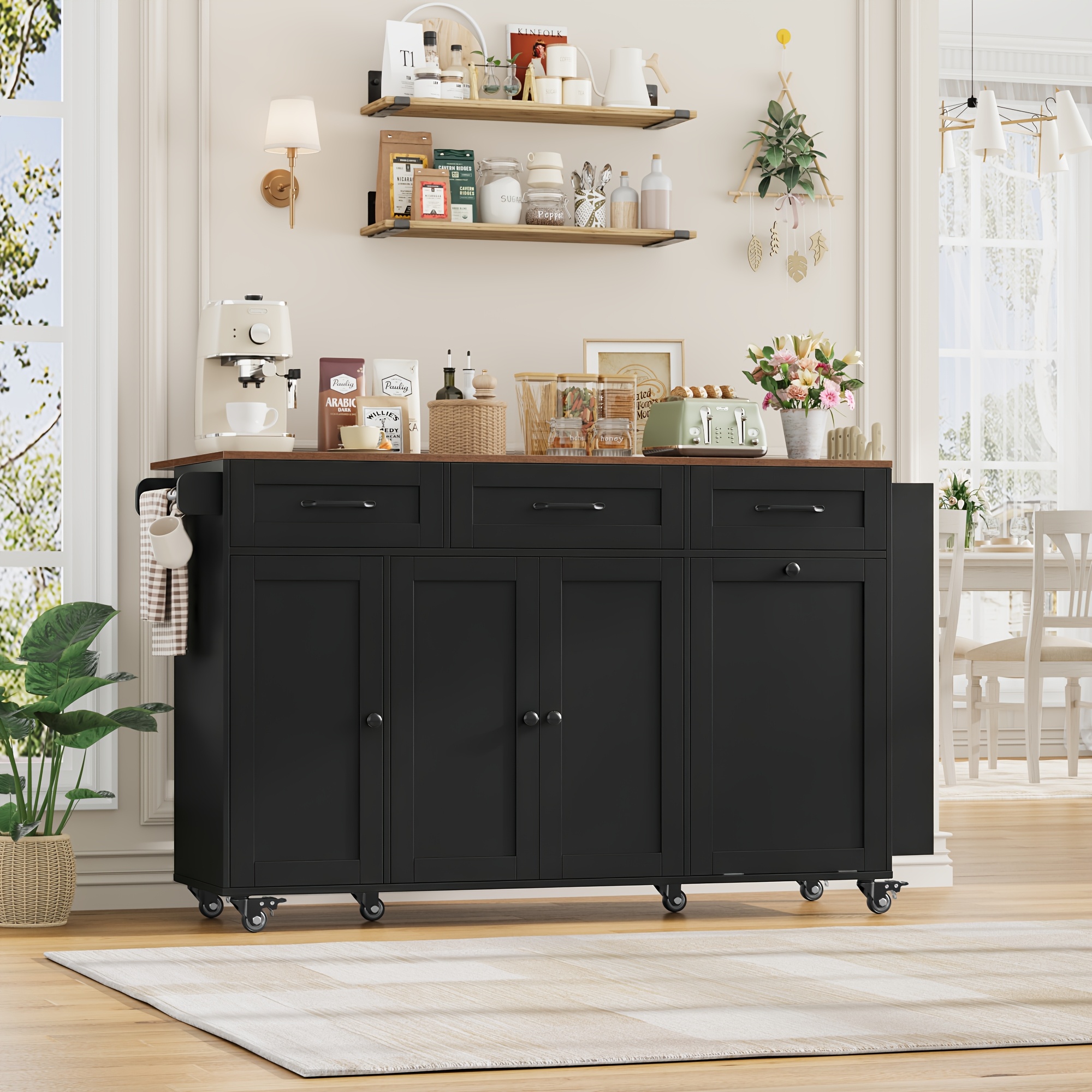 Image of Kealive Central Trolley With Wheels And Folding Worktops, Sideboard, Kitchen Storage Cabinet With 3 Drawers And 2 Doors, Buffet Cabinet With Worktops For Kitchen, Dining Room, Living Room, Black