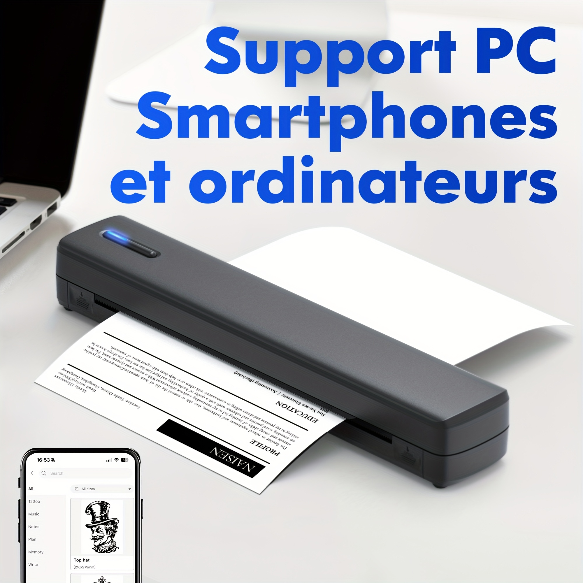 Imprimante Portable Sans Encre D810B, Imprimante Sans Fil de Voyage, Machine à Tatouage Thermique, Compatible avec Papier Thermique A4 et US Letter, Adaptée aux Téléphones Portables et Ordinateurs Portables, Idéale pour les Affaires, Voyages, Bureau et Maison