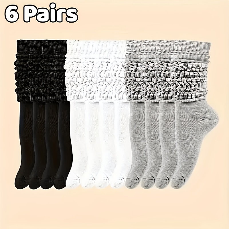 TEMU 6 Pairs Women Ribbed Slouch Crew Socks, Solid Color Stretch Stackable Mid Calf Socks, Soft Foldable Scrunch Socks, Preppy Aesthetic Cheerleading