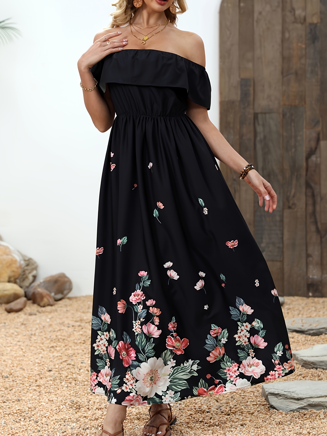 Vestido Largo Elegante con Hombros Descubiertos y Estampado Floral para  Mujeres con Flores Rosas y Verdes con Volantes, Cintura Ceñida, Silueta  en