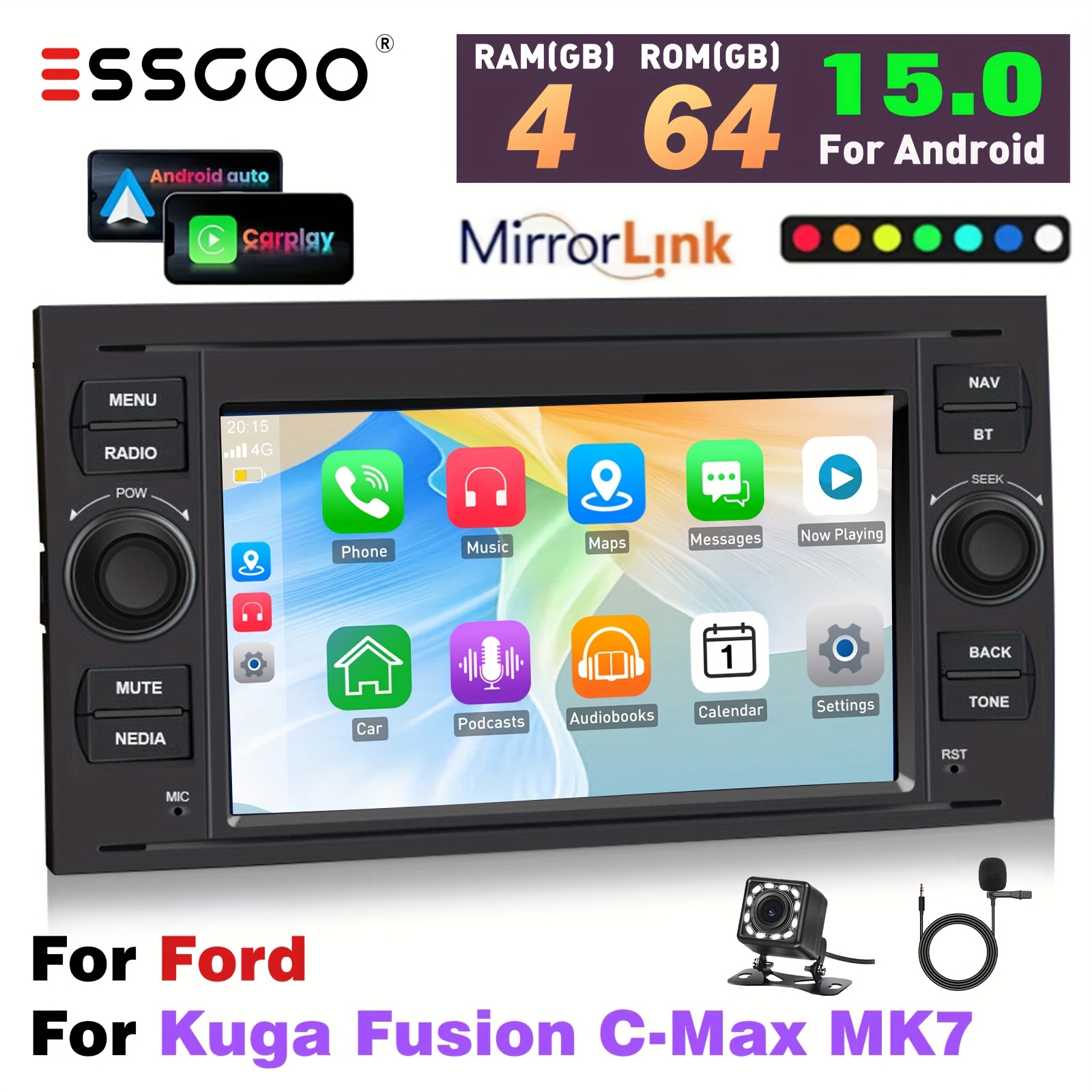 TEMU ESSGOO 7" 15 Estéreo para Coche 4G+64GB - 2DIN Todo en Uno para Ford con Carplayer Inalámbrico y Auto, Micrófono y Cámara de 12LED, GPS