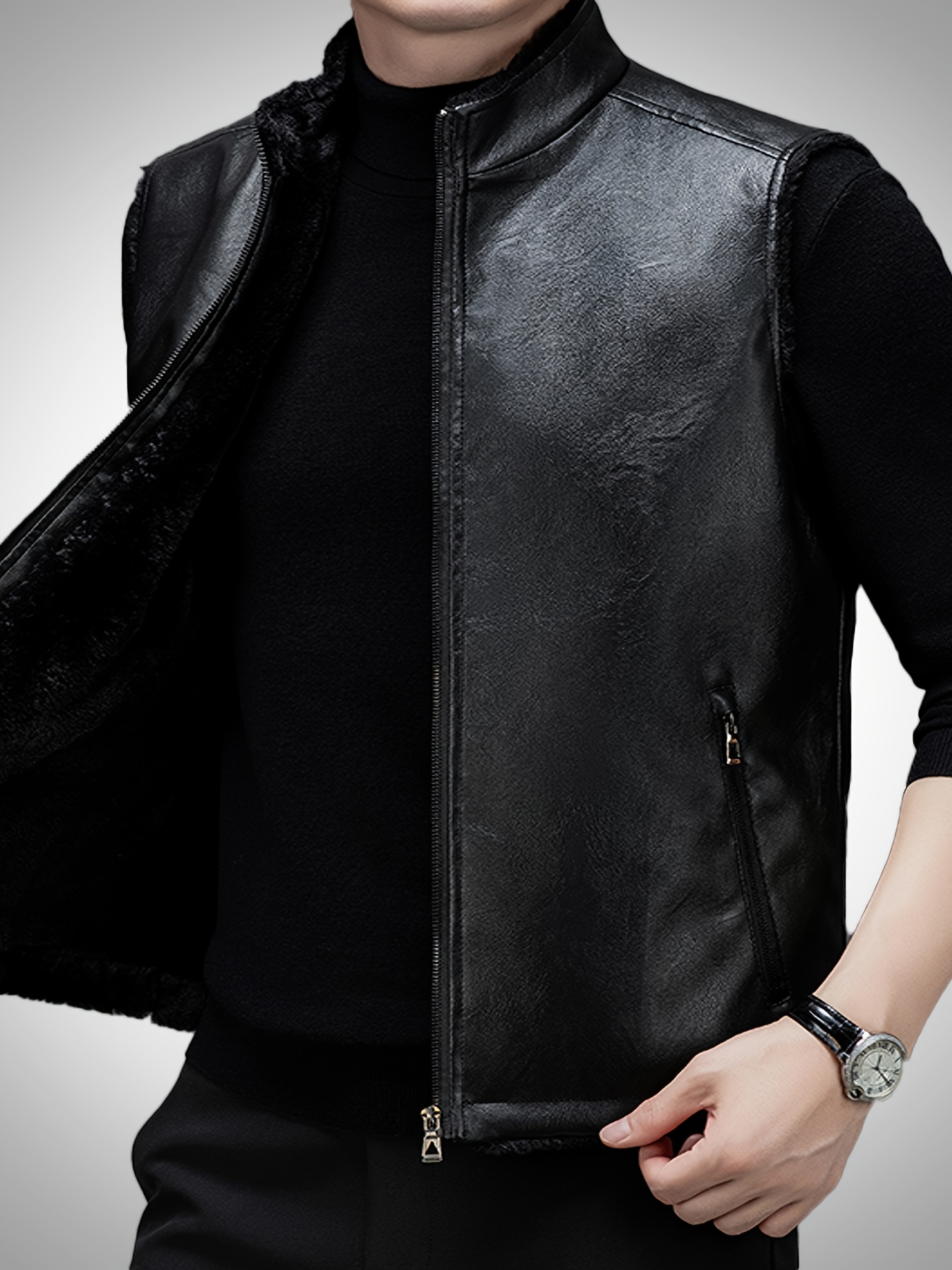 Men'S Autumn And Winter Thickened Fleece-Lined Vest, Zipper Placket, Sleeveless Warm Outerwear, Basic Style, Suitable for Daily Leisure And Wear