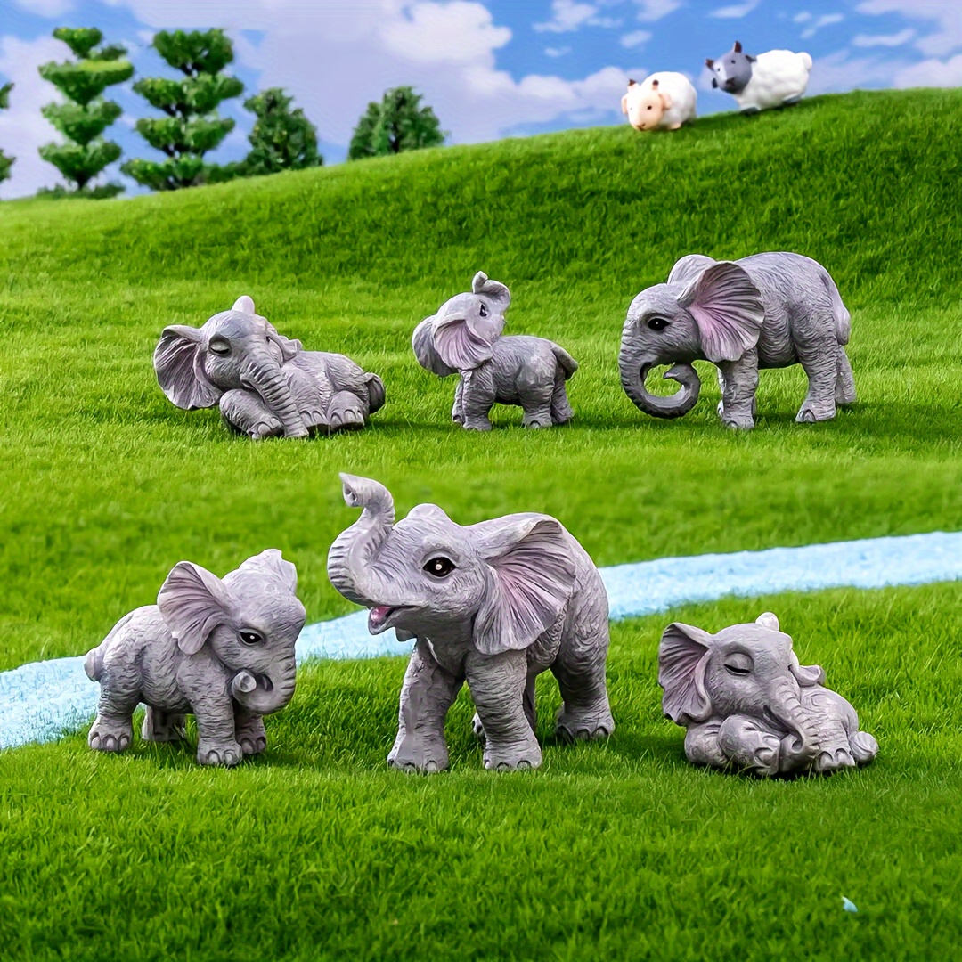 

6pcs Cute Resin Elephant Set - Moss Micro Landscape Ornaments, Diy Garden Decor, Miniature Animal Figurines For Home & Bonsai Display