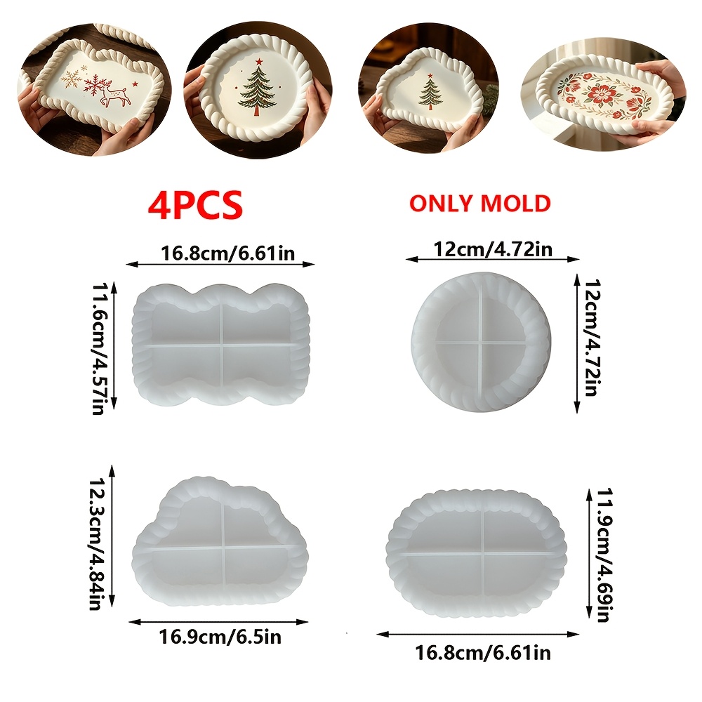 TEMU Lot de 4 moules en pour plateaux avec bordure de dentelle torsadée, moules ronds, et irréguliers pour assiettes en résine et plâtre, moules pour