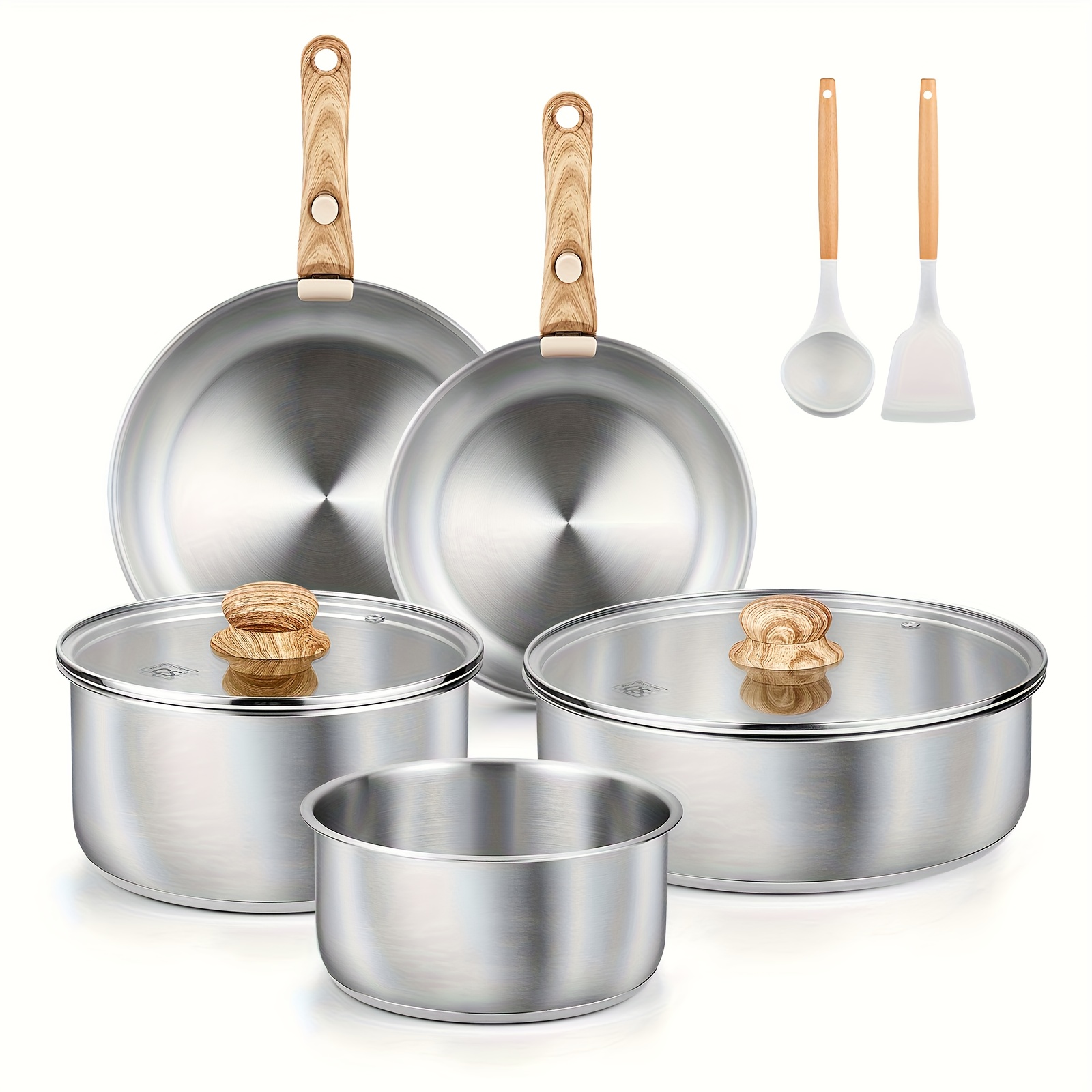 Image of 11pcs Stainless Steel Cookware Set, 11pcs Stainless Steel Pots And Pans Set With Detachable Handle, Stainless Steel Pots And Pans Cookware For , Removable Handle Cooking Set, Induction Compatible