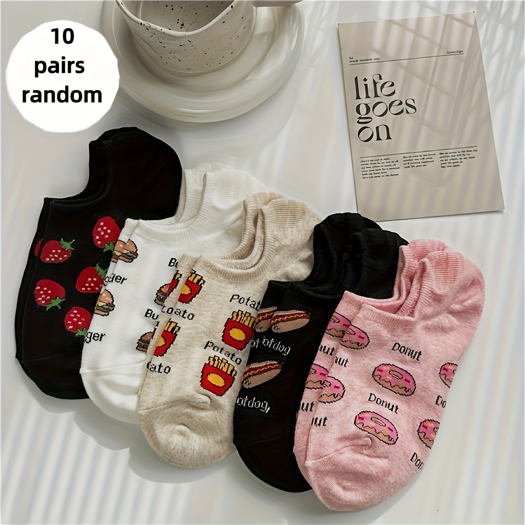 Image of 10/30-pair Random Style Hamburger, , Strawberry, Donut Fashionable, Trendy, Breathable, Non-slip, Sweat-absorbent, Non-slip Heel Women's Ankle Socks