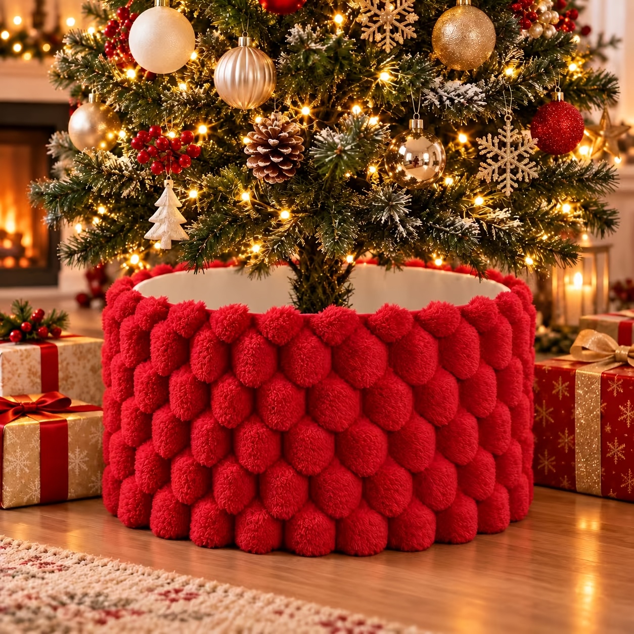 TEMU 1 falda para árbol de Navidad nueva con , decoración navideña para fiestas, cubierta para base de árbol navideño para el hogar, tamaño