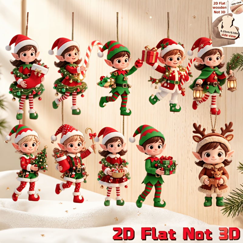 TEMU Set de 10 adornos planos 2D de elfos navideños con diseños impresos clásicos temáticos de fiestas, perfectos para decoraciones y regalos de
