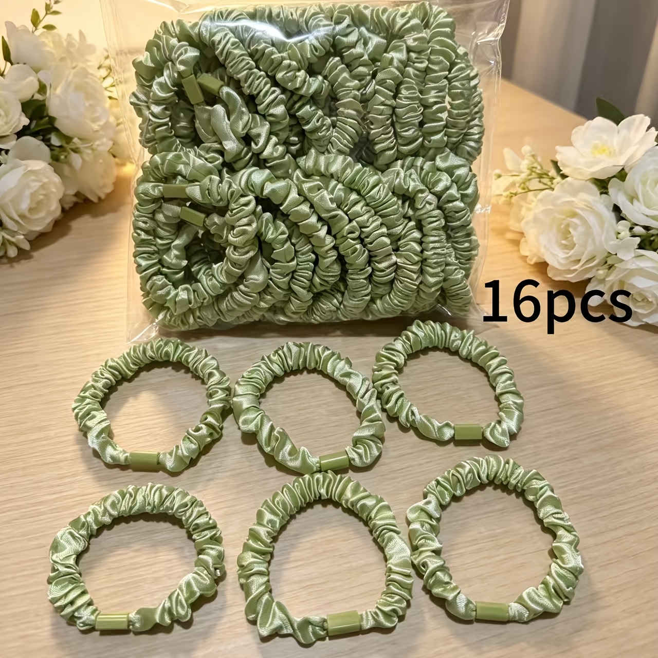 TEMU 16pcs Easy Elegant Light Green Comfortable Hair Ties High Elasticity Non-damaging Ponytail Scrunchies Hair Rings Headband