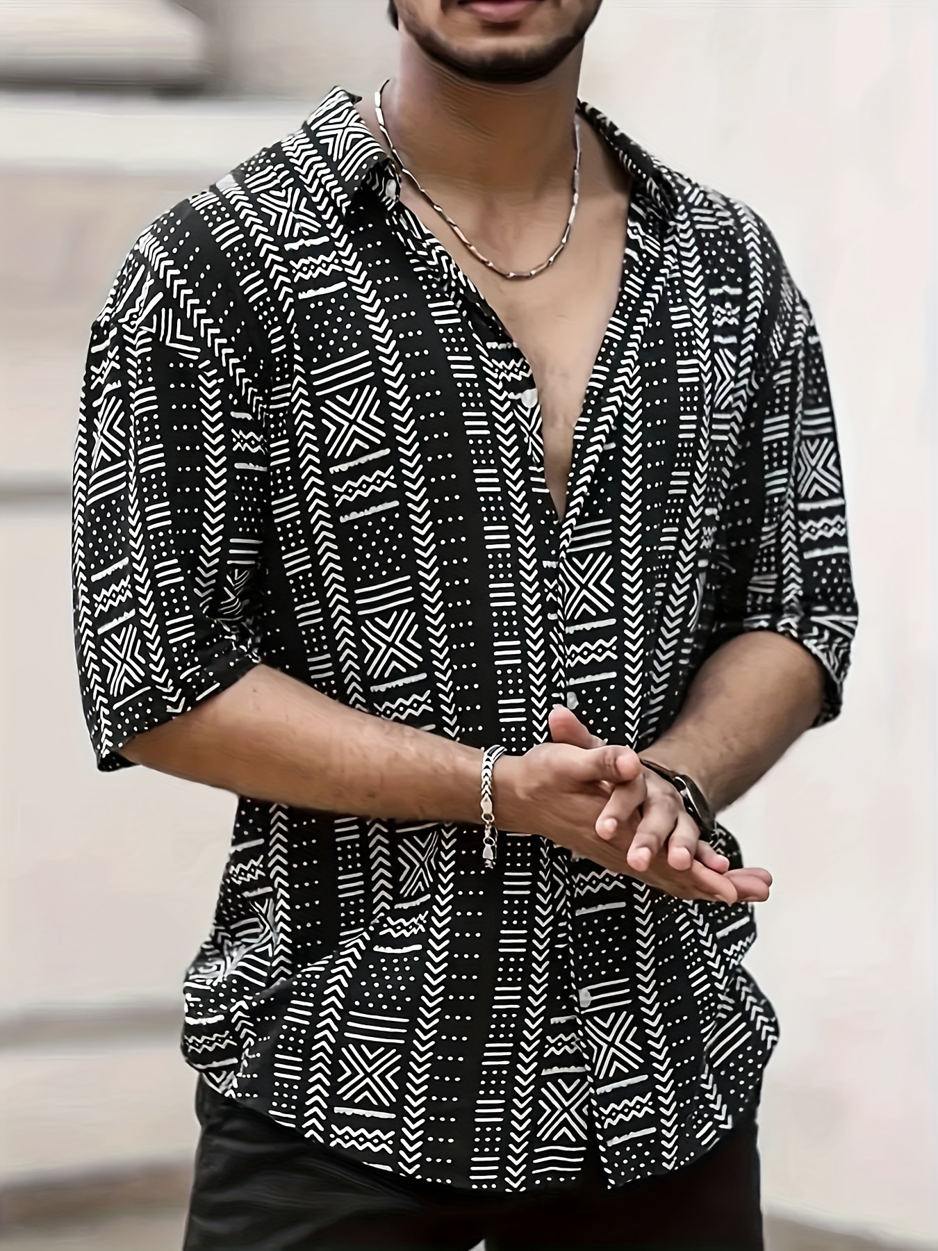 vintage geometric print black and white   shirt   ethnic pattern loose short sleeves turn collar   vacation and street style must have for trendy boys effortlessly   a relaxed casual look