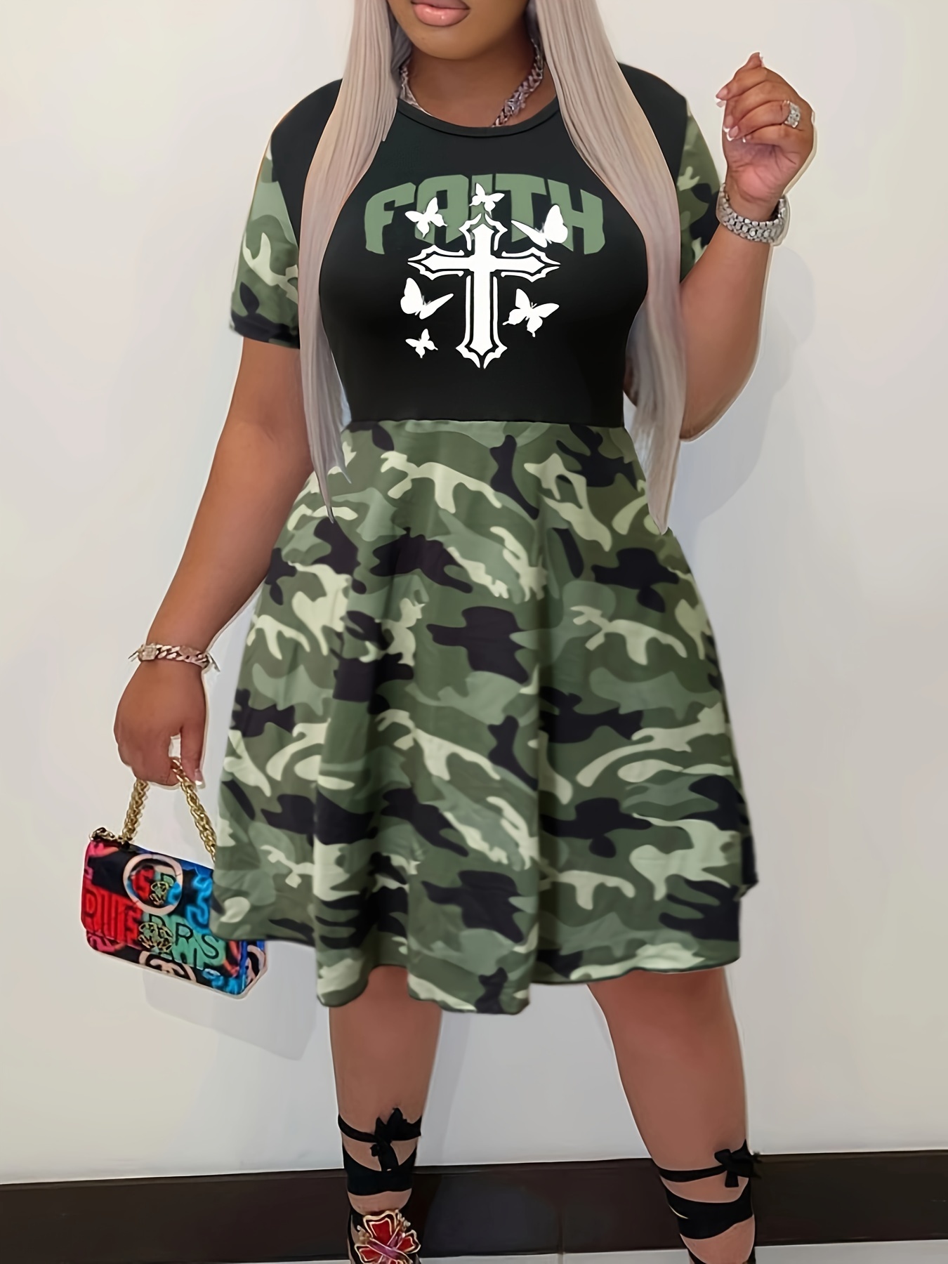 Women's FAITH Cross Camo Print A-Line Dress Short Sleeve Round Neck  Summer Dress with Faith Graphic, Fitted Top Flowy Skirt, Machine
