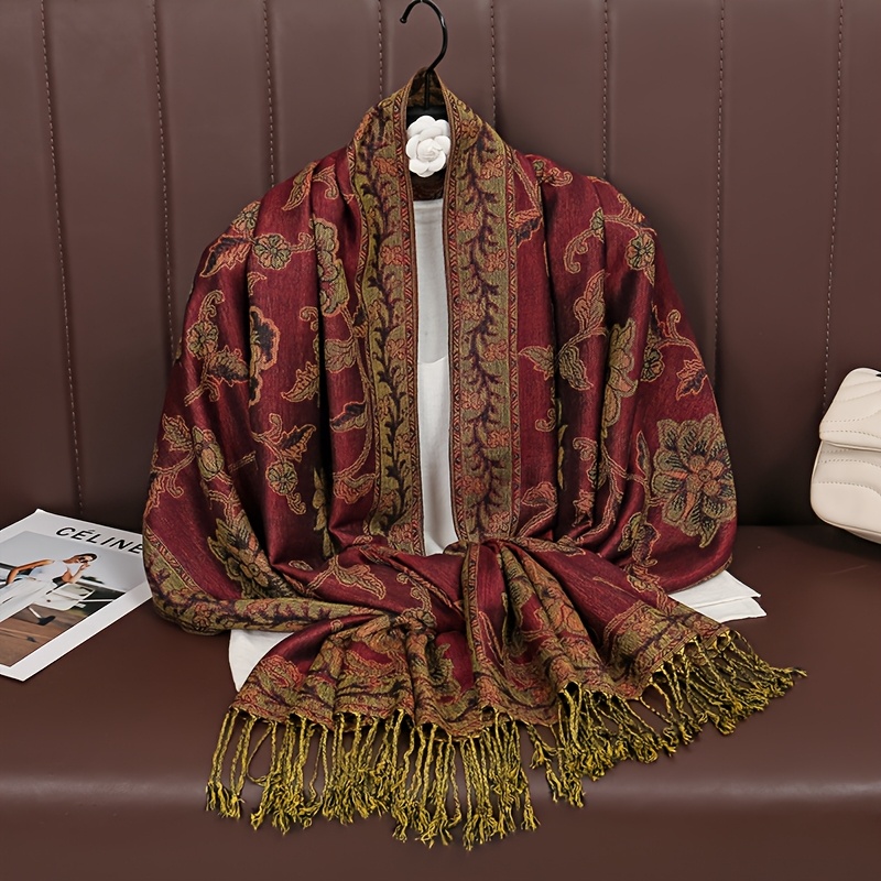 TEMU 1pc Luxury Paisley Jacquard Scarf With Fringe - Vintage Bohemian Style, Polyester, Machine Washable, Elegant Women's Windproof Shawl, Scarf,
