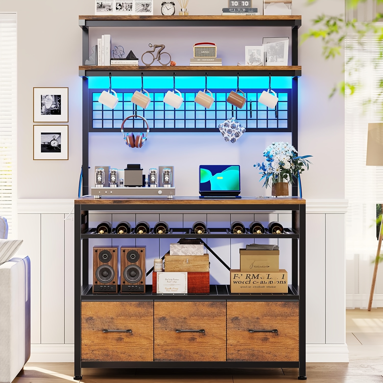 [Baker's Rack Outlet] Baker's Rack with Power Outlet, 6-Tier Microwave Rack with 3 Drawers, Wine Rack, LED Light And 10 Hooks, Kitchen Baker's Rack, Coffee Bar with Storage, Rustic Brown/Black/White