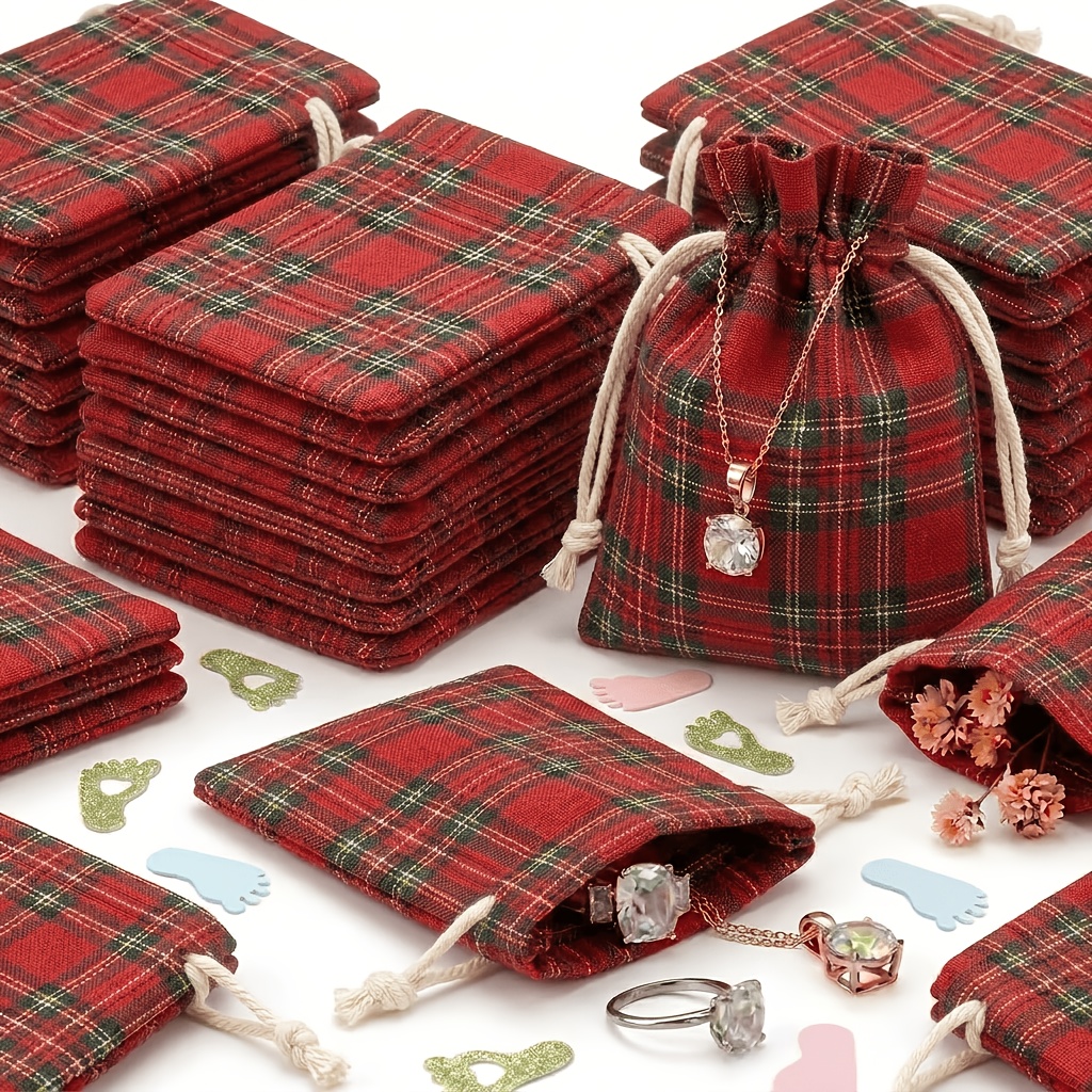 TEMU Cadeau pour elle/lui 12/18pcs Sac de cadeau à motif écossais rouge - Petit avec motif à carreaux et cordon de serrage, idéal pour cadeaux de