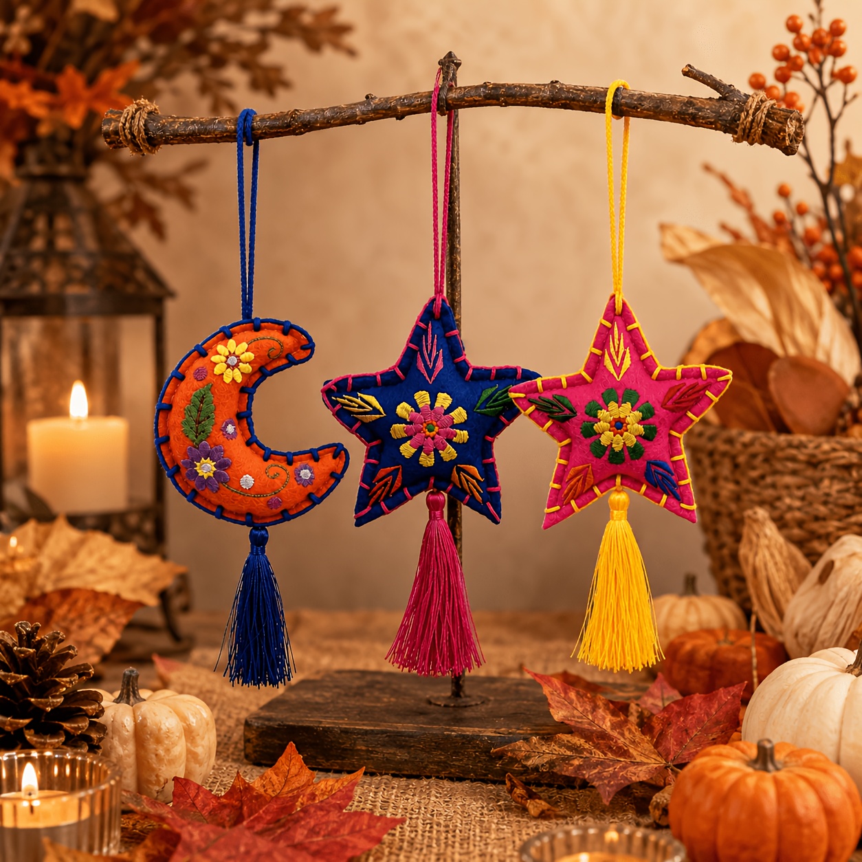 TEMU 3pcs Set Of Star And Moon Pendants, Soft Fabric With Tassels, Mexican-themed Decorative Crafts, Suitable For Christmas Trees, Bags, Fireplaces,
