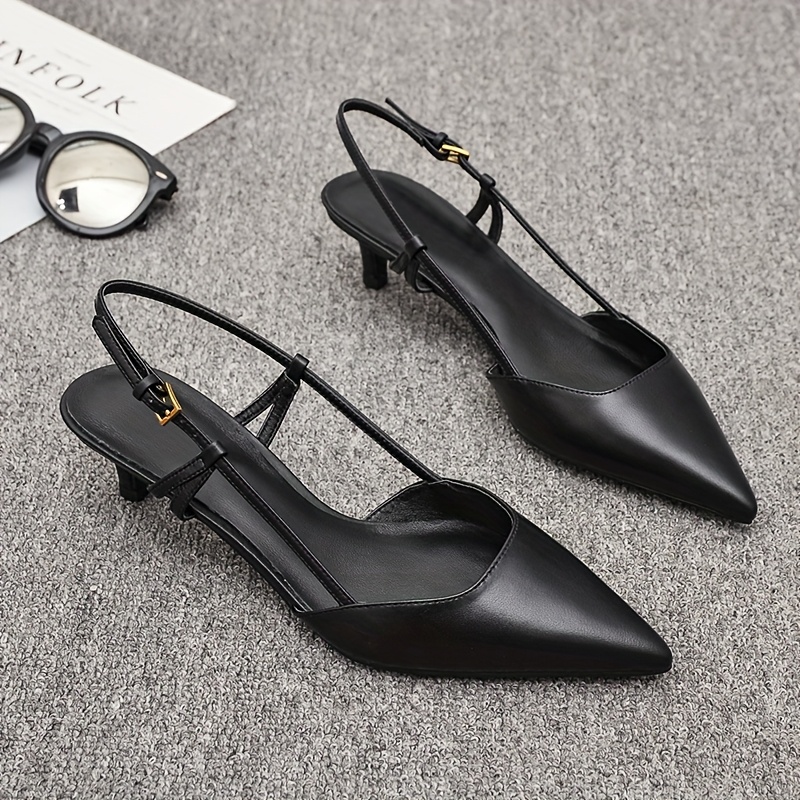 Black Faux Cover Pointed Toe Mid-Heel Sandals for Women - Elegant Summer Party & Professional Wear with Golden-Tone Buckle Strap, Formal Occasion Shoes | Sleek Stiletto Design | Durable Rubber Sole, High Heel Sandals