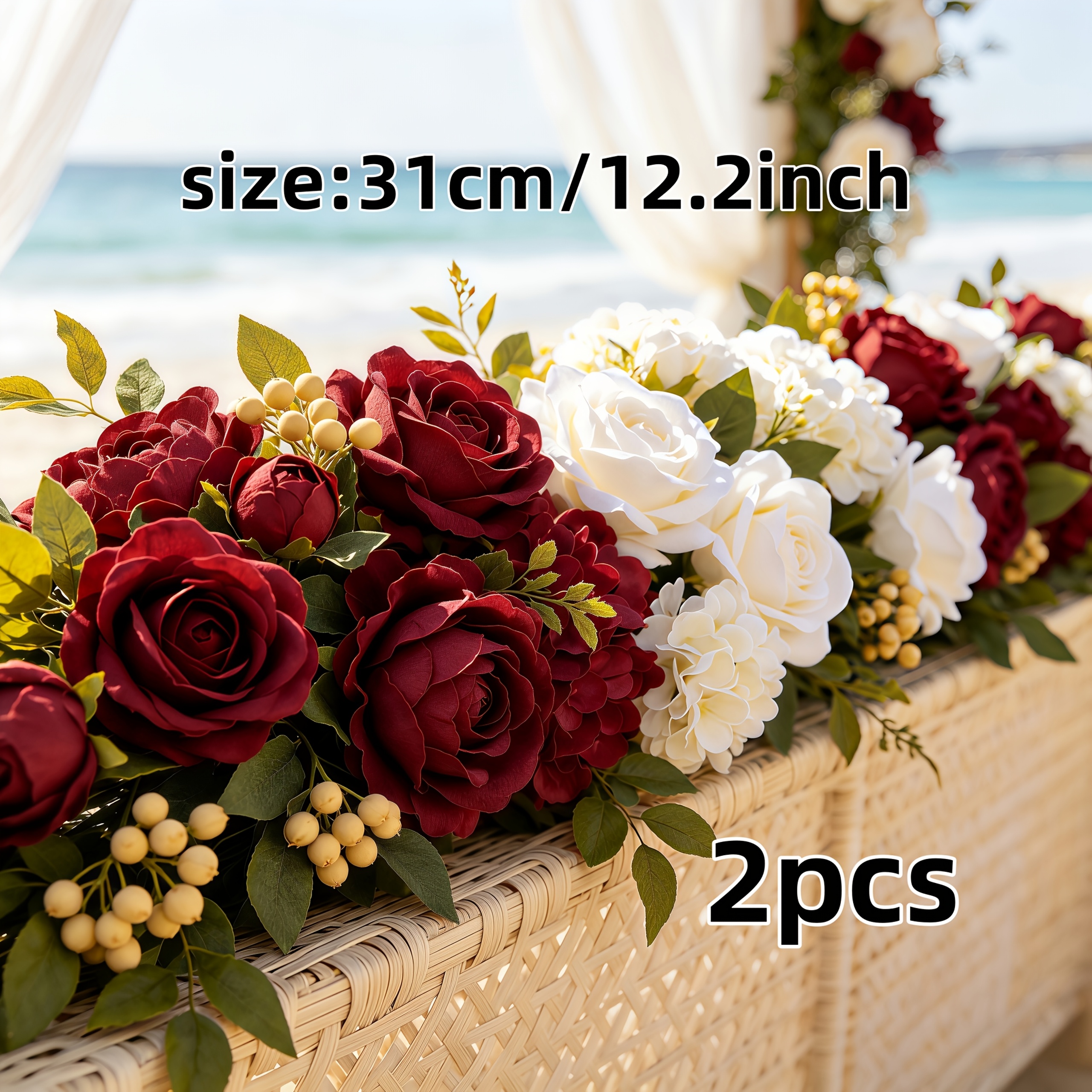 TEMU 2pcs - Bouquet de luxe artificiel de roses, et hortensias, décoration multi-têtes, style pur et blanc lait, pétales de simulation délicats avec