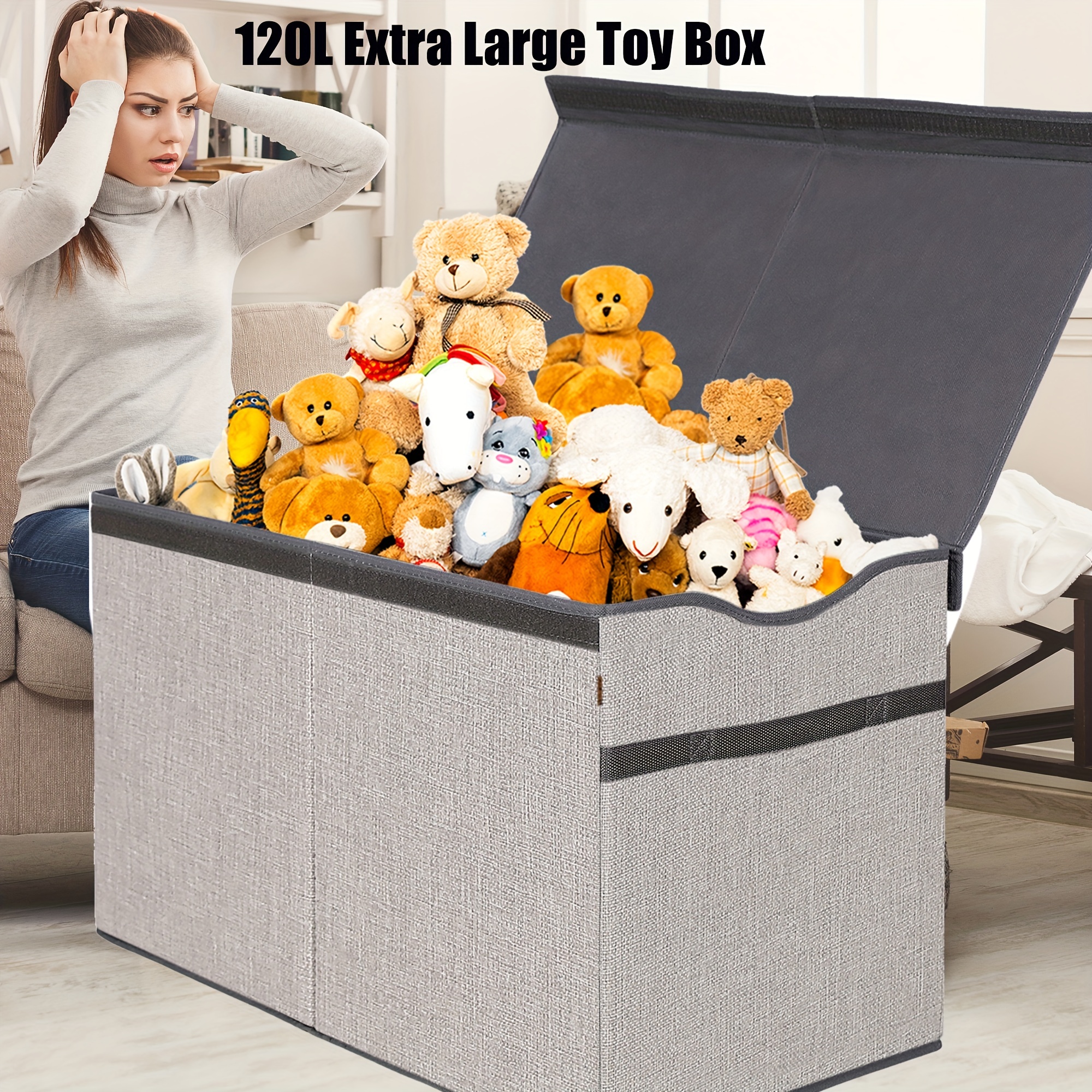 

120l Extra Large Toy Box Chest With Lid, Collapsible Sturdy Toy Storage Organizer Boxes Bins Baskets For Kids, Boys, Girls, Nursery, Playroom