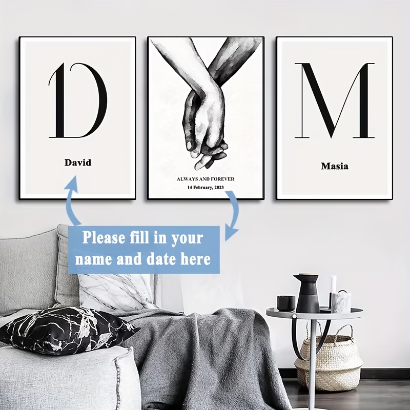 TEMU 2d Flat, 2d Flat, 2d Flat Unframed, 3pcs Personalized Name And Date Canvas Posters, Custom Modern Minimalist Couple Style Wall Decor, With