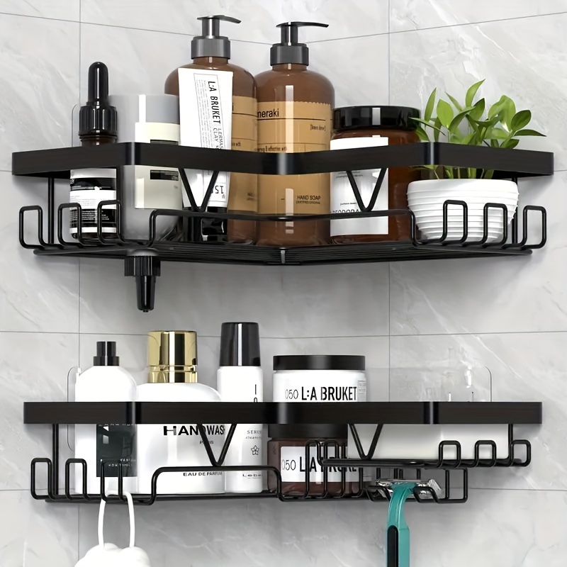 

2pcs Bathroom Storage Racks With Hanging Hooks - Wall Mounted Shower Caddy For Shampoo, Soap & More - Space-saving Corner Organizer