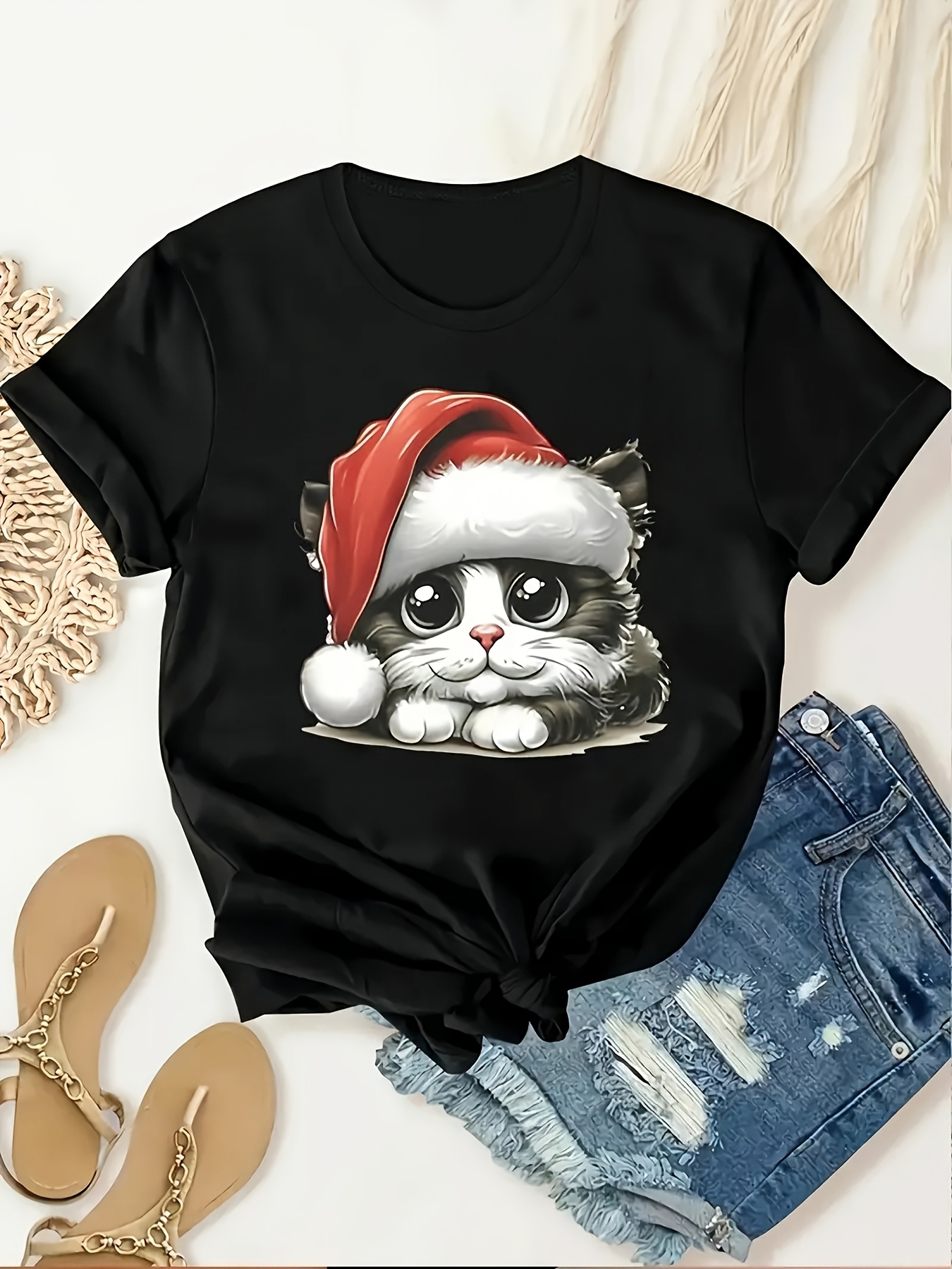 Plus Size Women's Christmas Cat Santa Hat Print Short Sleeve T-Shirt  Black Casual Round Neck Top, Machine Washable Dry