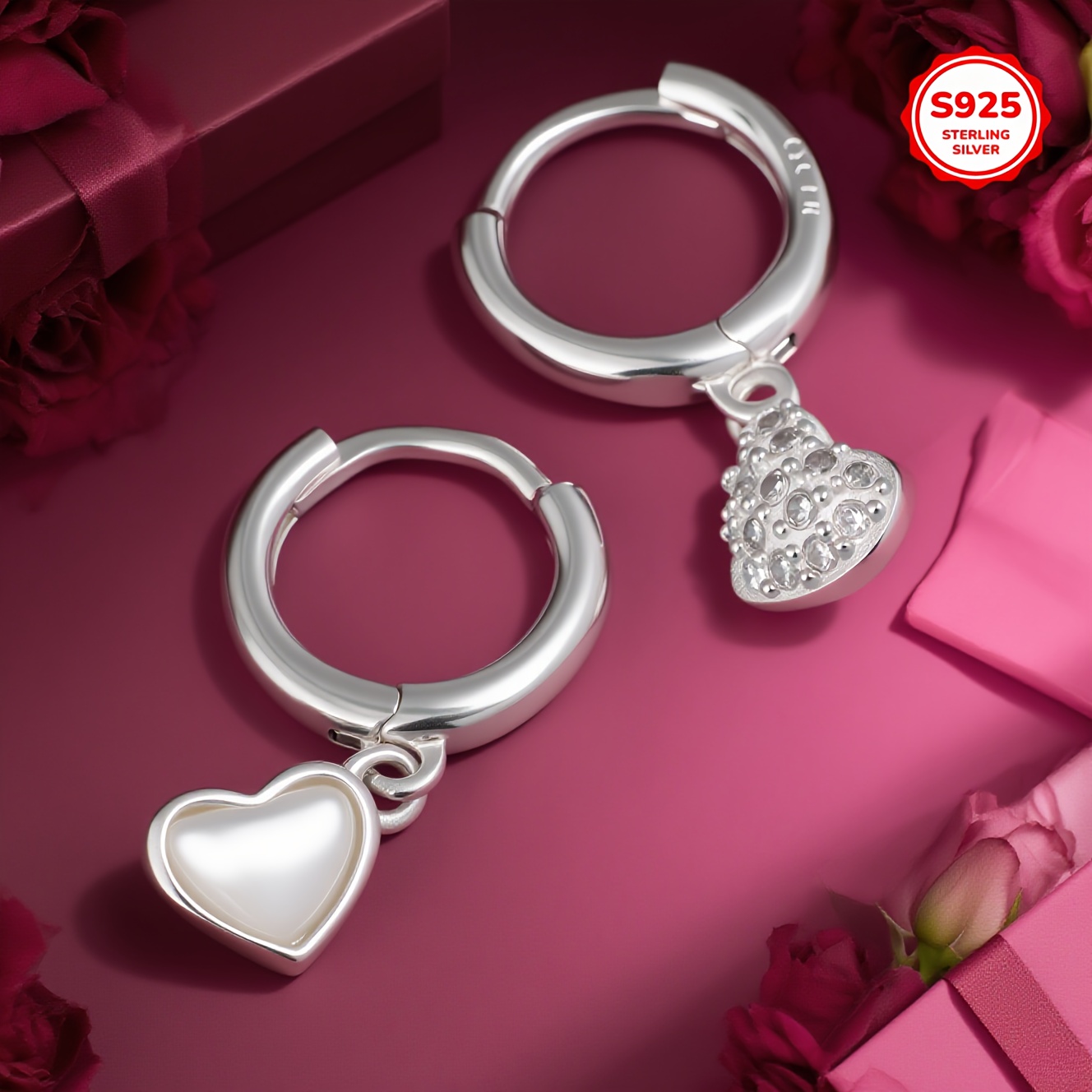 Women's S925 Sterling Silver Heart Stud Earrings with Cubic Zirconia