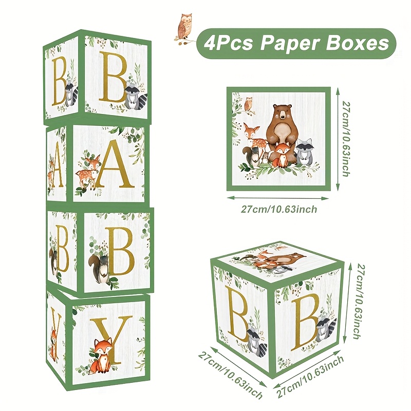 TEMU Gift For Her/him 4pcs, Woodland Animal Theme Sage Green Baby Lettering Paper Box For Baby Shower Decoration, Woodland Animals And Lettering