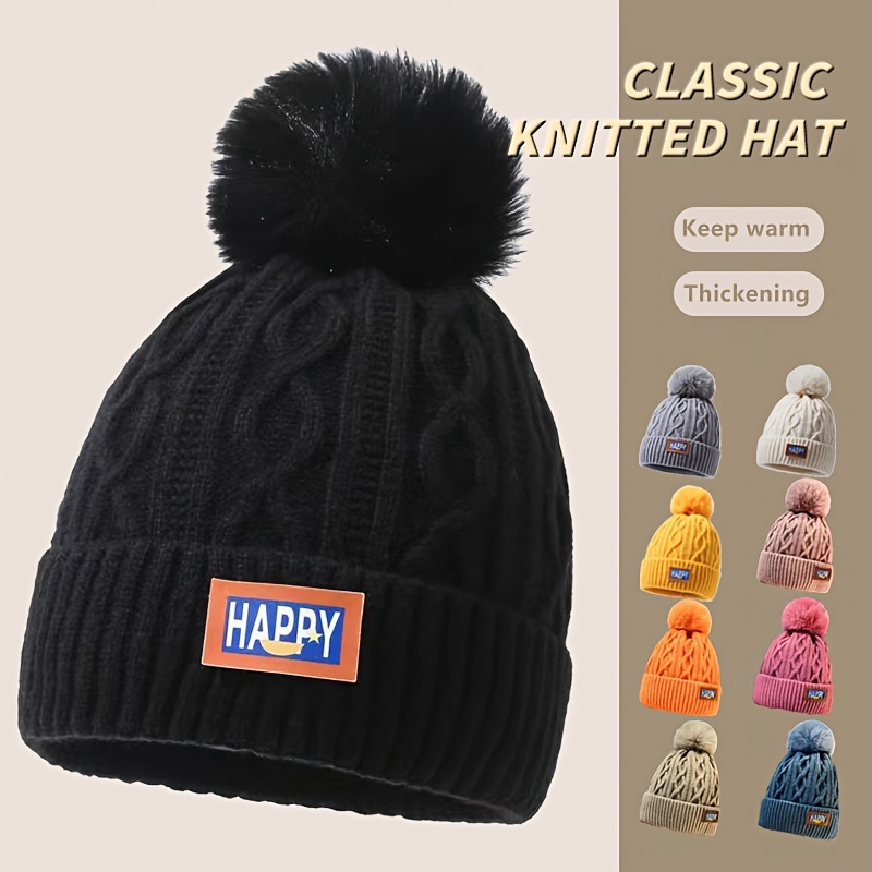 

Winter Knit Beanie Hat With Pom Pom - Unisex Warm Thickened Polyester Knitted Cap With Embroidered Happy Patch, Casual Outdoor Cold Weather Ear Protection Hat, Fits Most