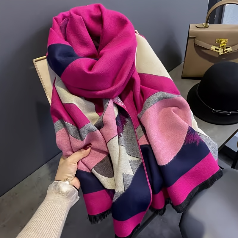 TEMU New Geometry Autumn/winter Thick Women's Warm Imitation Cashmere Scarf Cute Monster Printed Warm Shawl Korean Edition Classic Geometry Women's