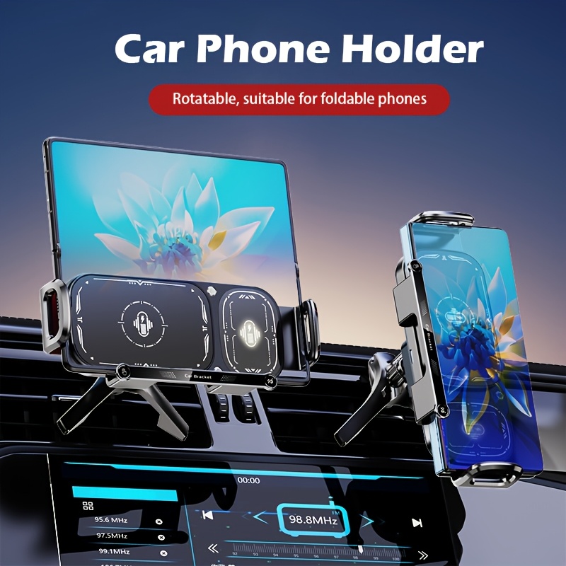 1 support de téléphone mobile très intelligent, un support de téléphone auto-rotatif 2-en-1 avec un chargeur de voiture sans fil, doté d'une rotation à 90 degrés et d'une opération à une touche, conçu pour les smartphones, les tablettes et les téléphones pliables (en noir)