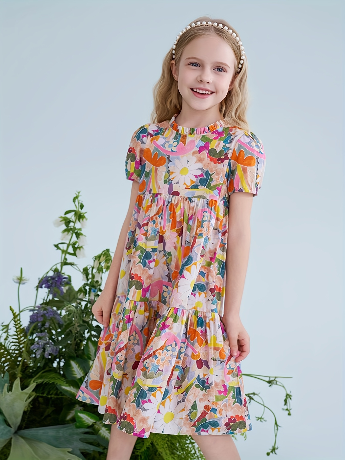 girls summer floral   dress knee length loose fit with puff sleeves round neck vibrant peach     design breathable fabric for playtime outdoor activities playtime attire comfortable wear   outdoor purple   3