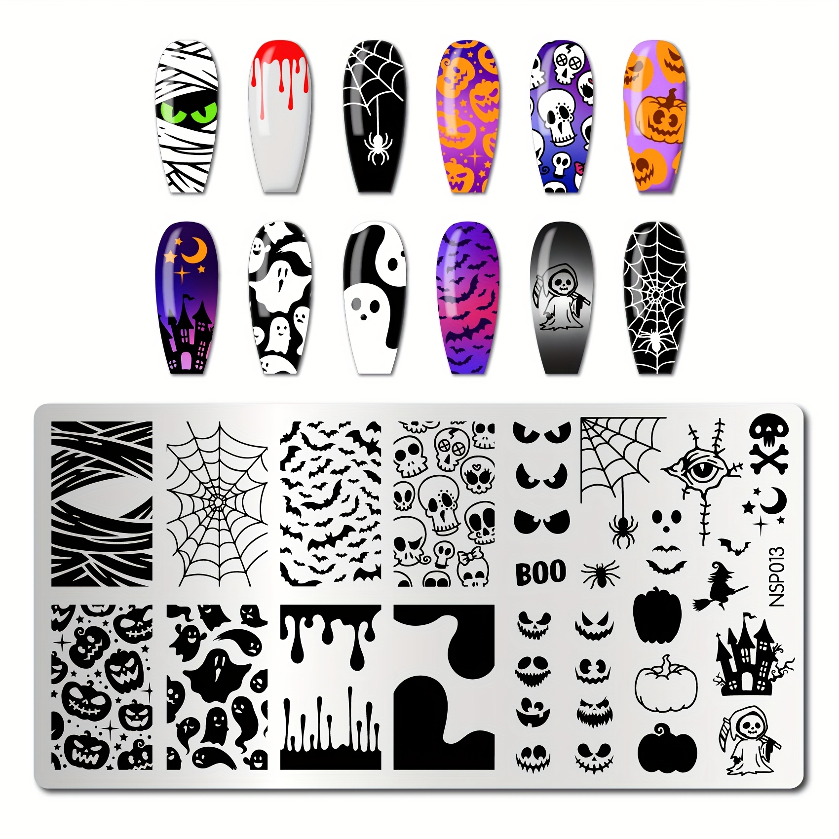 Image of Set Of Halloween-themed Nail Plates Featuring Spooky Designs Like , Pumpkins, , , And Webs, Perfect For Use During The Holiday