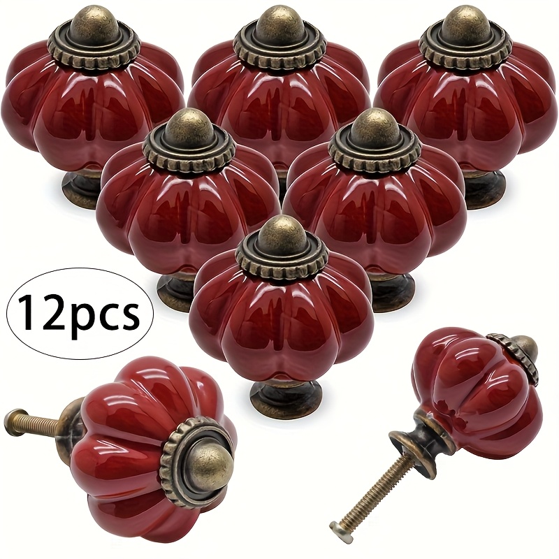 Image of 12pcs Dark Red Pumpkin Handles, Vintage Cabinet Knobs, 1.38 X 1.50 Inches, Suitable For Drawers, Cabinets, Dressers, Closets, And Furniture Decoration, With Included Accessories